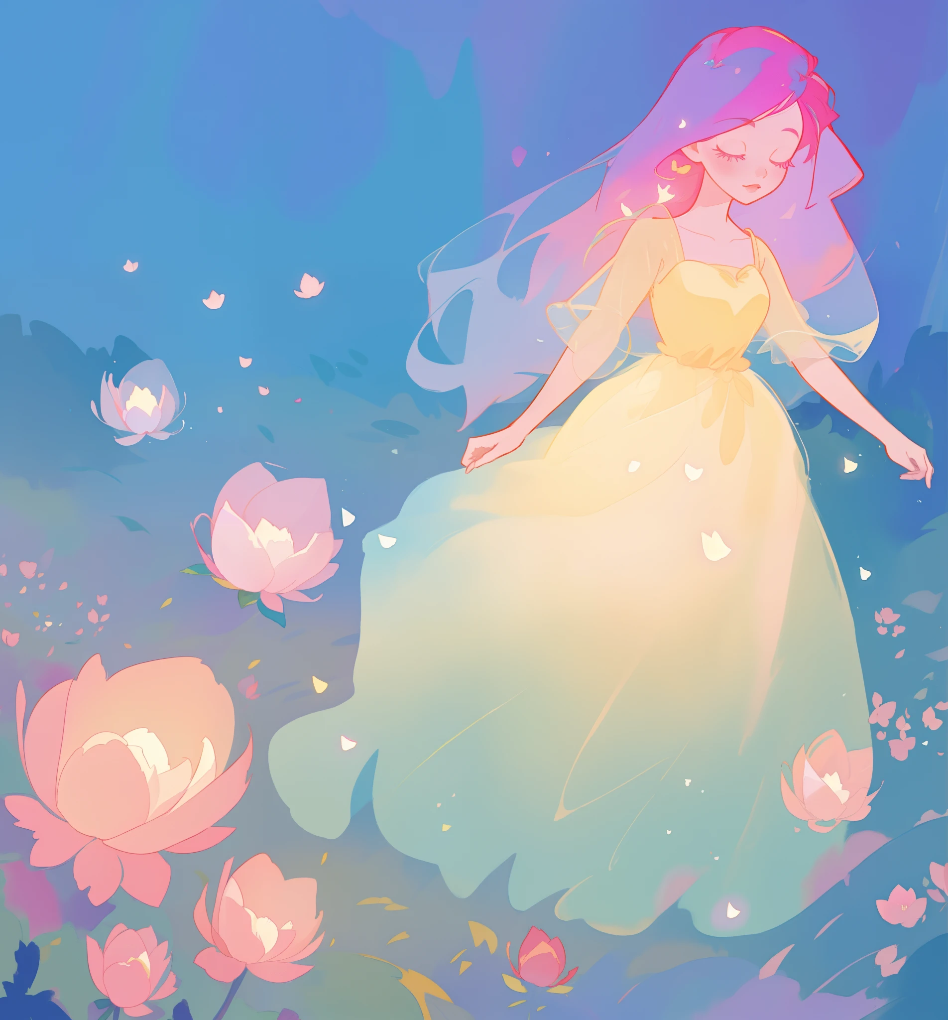 beautiful girl in puffy gradient ballgown, a field with round puffball pink flowers, otherworldly flowers, whimsical landscape, long pink flowing hair, watercolor illustration, inspired by Glen Keane, inspired by Lois van Baarle, disney art style, by Lois van Baarle, by Glen Keane, jen bartel, digital painting, beautiful digital illustration, fantasia otherworldly landscape plants flowers, beautiful, masterpiece, best quality, anime disney style