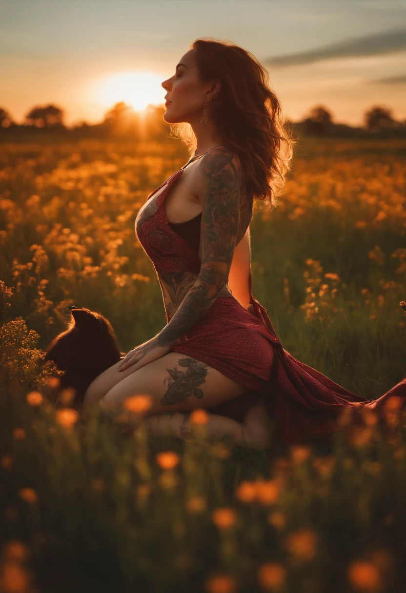 catgirl with tattoos, open field, stretching, looking at the sun
