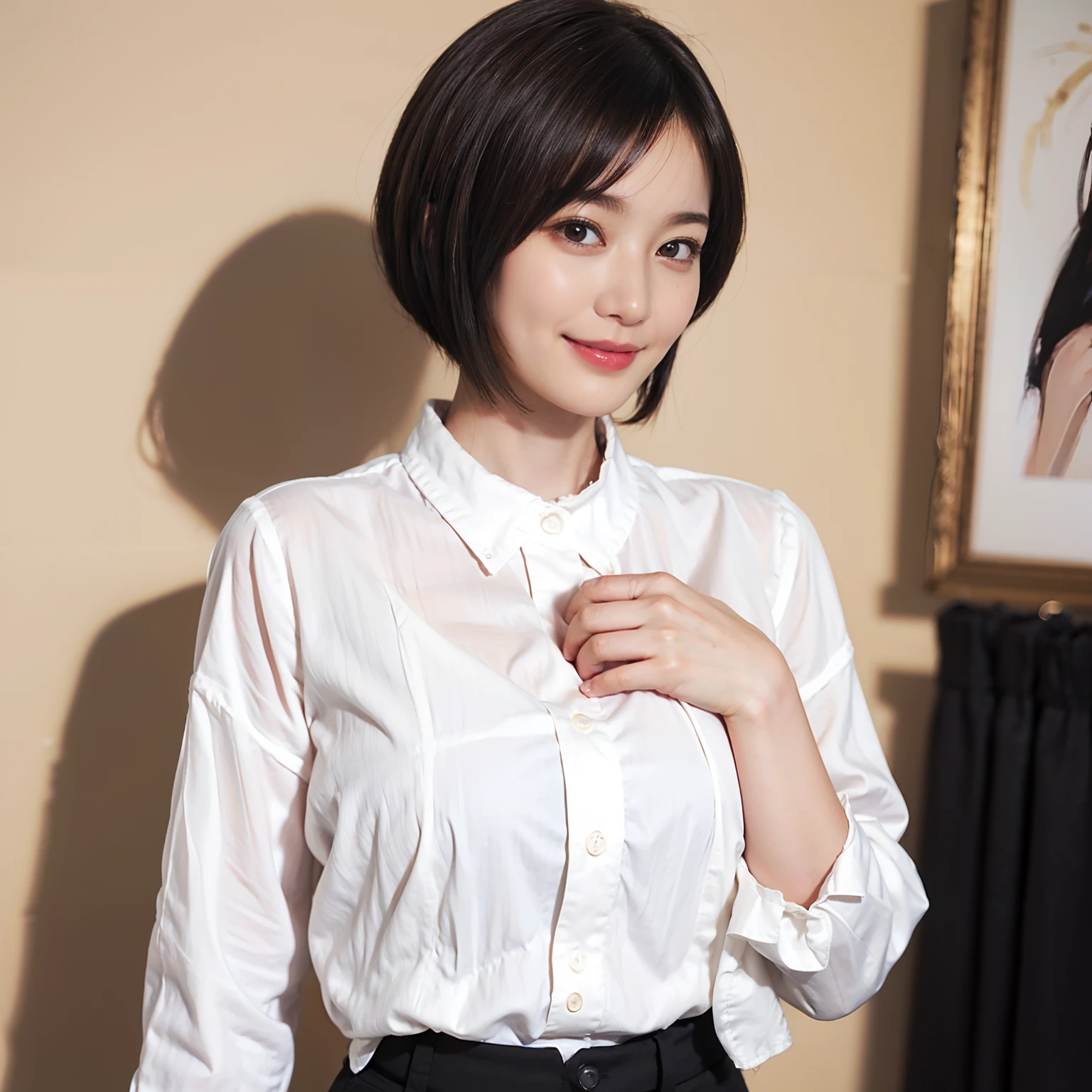 87
(a 20 yo woman,is standing), (A hyper-realistic), (masutepiece), ((short-hair:1.46)), (Smooth black hair), (Breast:1.0), (kindly smile), Wear long pants, (Wearing a long-sleeved shirt), (Beautiful skin:1.5), (Big paintings)