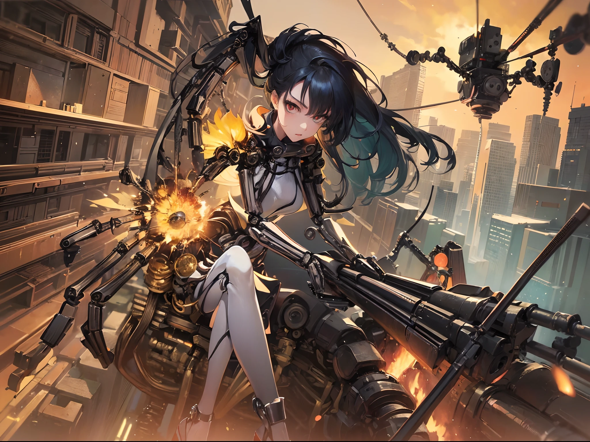 Finest quality)),(超A high resolution),(ultra-detailliert),(Meticulous portrayal),((Best Anime)),(Finest works of art),sharpnes,Clair,Ultra-Precision Art,The art of astounding depiction,Beautiful sci-fi art with intricate and detailed details,a science fiction film, Mechanic room with detailed descriptions:1.7, (She is boarding a mechanical spider:1.6),(Gatling gun mounted on her),rocket launcher, explosions