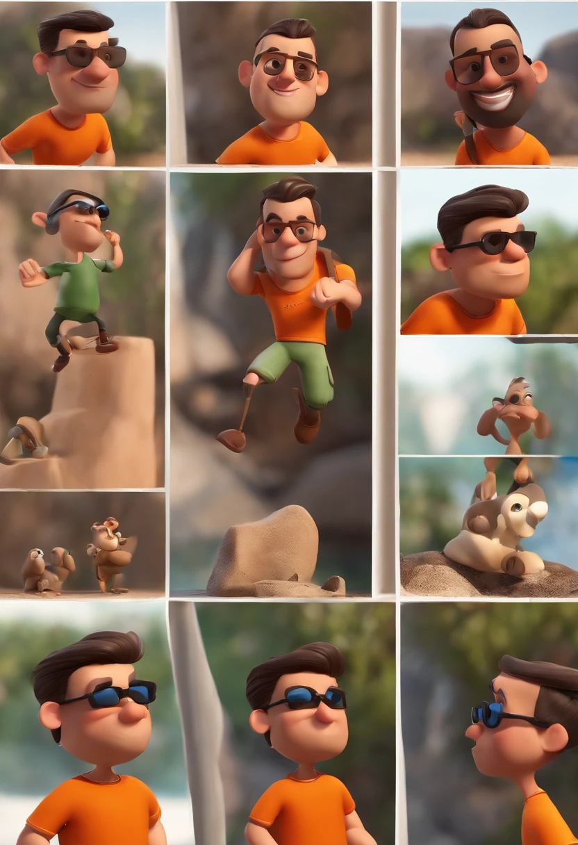 MAKE a Disney Pixar Style Character Style Display Poster "ALMA DISNEY PIXAR "Cartoon of a thinly bearded brunette man wearing black sunglasses and an orange t-shirt, um personagem animado, com roupas de trekking e mochila nas costas, Caractere estilizado, animation style rendering, 3D estilizado, Arnold Maya render, 3 d render stylized, toon render keyshot, Personagem 3D, Personagem 3D, 3d rendering stylized, 3 d character render, personagem de desenho animado, Personagem de close up, Pose de personagem, (Estilo Pixar) (master part:1.2) (Bokeh) (melhor qualidade) (pele detalhada) (textura detalhada) (8k) (argila) (Cinematic lighting) (foco nítido,Senta e vaza a parte superior do corpo