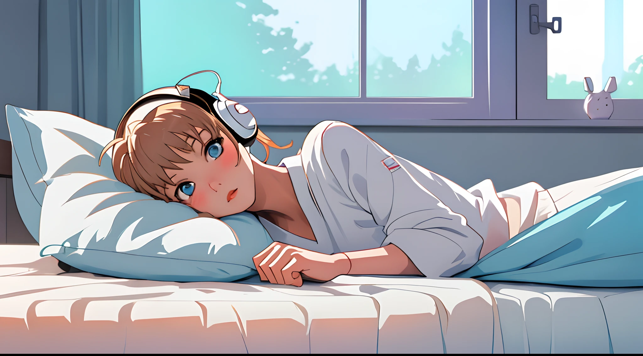 Homme blanc , lying on his bed , Window Loan, Headphones in the ears, style manga