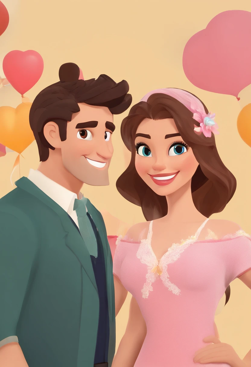 An illustration of an adorable couple, Destaque para um homem loiro, delgado, olhos azuis, Smiling and a brunette woman with beautiful expressive eyes - the man's skin is light and so is the man's hair;, As for the woman's skin, it is light brown and the woman's hair is straight, comprido e castanho. They are a bright room, cada um com um sorriso no rosto, e compartilhar um momento especial caracterizado pelo amor, Insights. Illustrate this scene from a perspective where they are facing the camera, Smiling and Showing Your Connection. Desenvolva esta arte em Full HD, Focus on your cinematic touch, Estilo Disney Pixar Animations