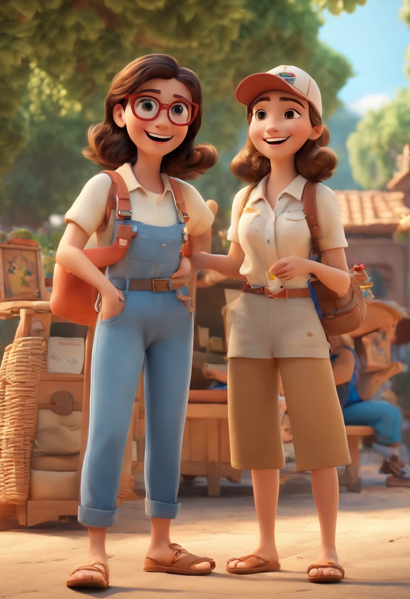 Cartoon of friends having fun on vacation together, 3D Animation Movie Poster, Poster de filme animado, pixar 3 d animation style, pixar renderman rendering, maia 8 mil, animated film, Disney Pixar Estilo 3D, amigos felizes saem juntos, all wearing light blue shirts and cream brown long pants, camisa azul clara, cream brown pants, ao ar livre, vacation, Disney Pixar Animation Poster