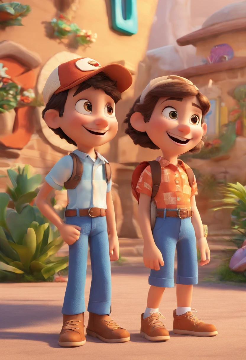 Cartoon of friends having fun on vacation together,  3D Animation Movie Poster, Poster de filme animado, pixar 3 d animation style, pixar renderman rendering, maia 8 mil, animated film, Disney Pixar Estilo 3D, amigos felizes saem juntos, all wearing light blue shirts and cream brown long pants, camisa azul clara, cream brown pants, ao ar livre, vacation, Disney Pixar Animation Poster