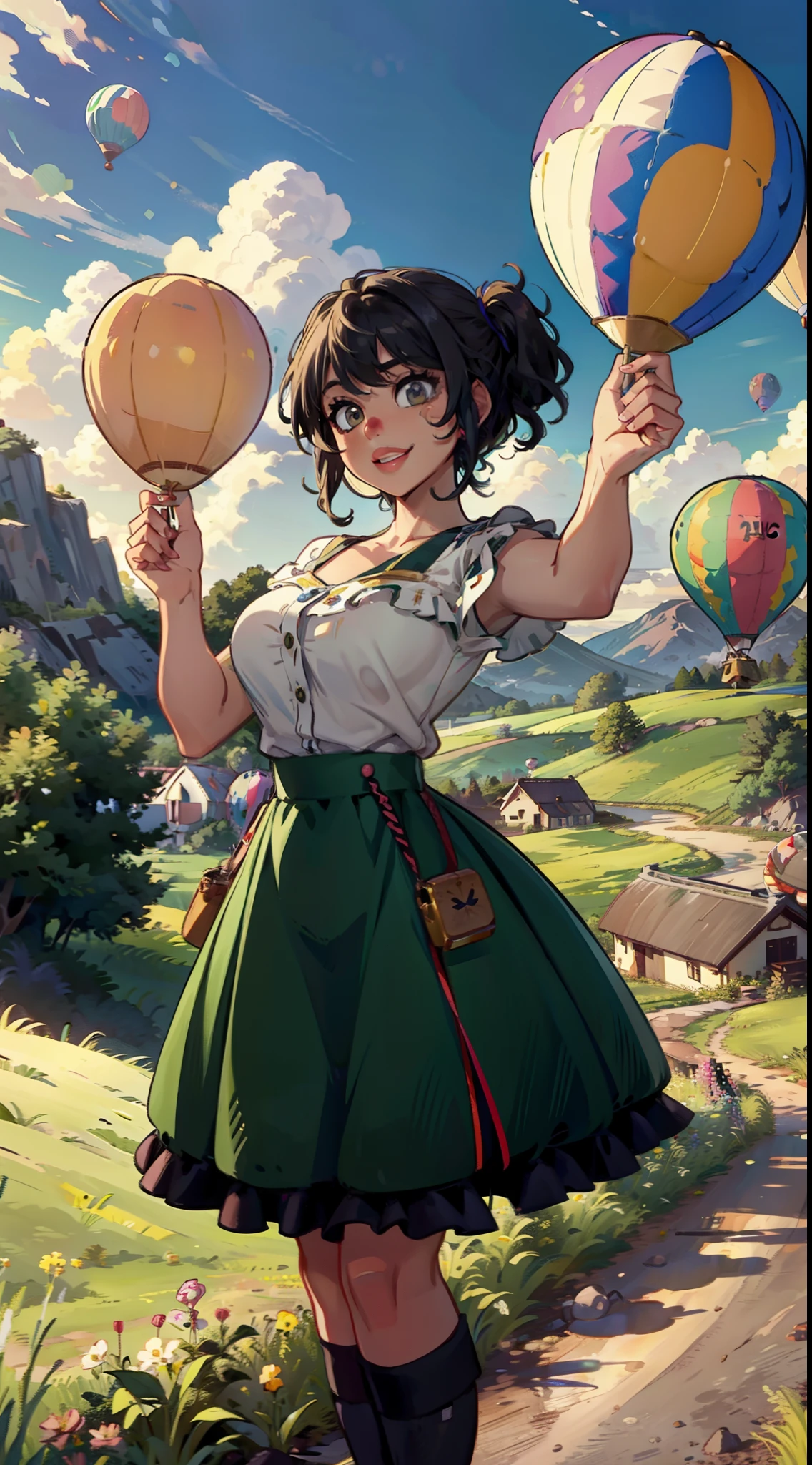 epic,dynamic pose,human girl character,cowboy shot,shiny skin,2D kawaii,pop manga,various color,World location: A picturesque countryside surrounded by rolling hills and green fields
Composition: A fleet of hot air balloons float serenely across a clear blue sky, with the largest and most brightly colored balloon in the center of the scene. People of all ages and backgrounds gaze up in awe at the balloons, pointing and smiling.