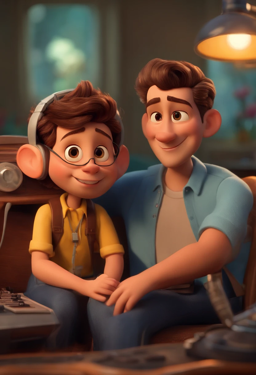 um homem, em breve, barba curta, olhos castanhos, com fones de ouvido, A music studio in the background, Imagem no estilo Pixar, Estilo de filme animado 3D, Disney, camiseta preta