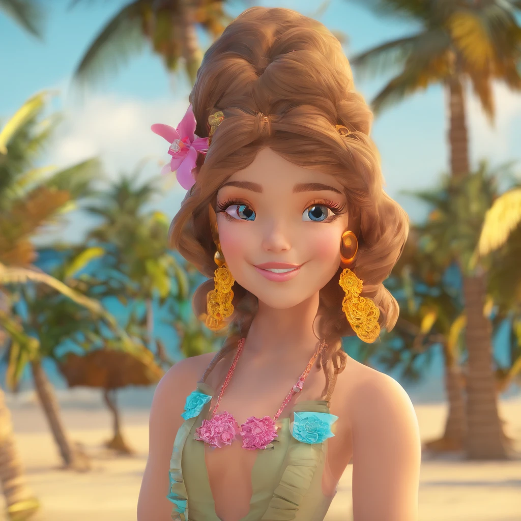 Super bonita, olhos brilhantes de cor castanho claro, delicado, menina com saia e blusa estilo boho, ,cabelo ondulado de cor clara ,fundo praia, Bom brilho, 3D rendering of,best quality
