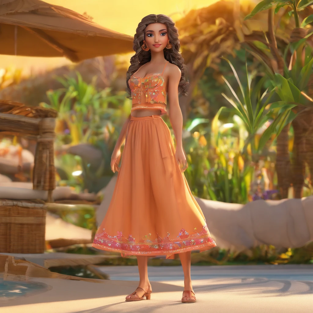 Super bonita, olhos brilhantes de cor castanho claro, delicado, com saia e blusa estilo boho, ,cabelo ondulado de cor clara ,fundo praia, Bom brilho, 3D rendering of,best quality