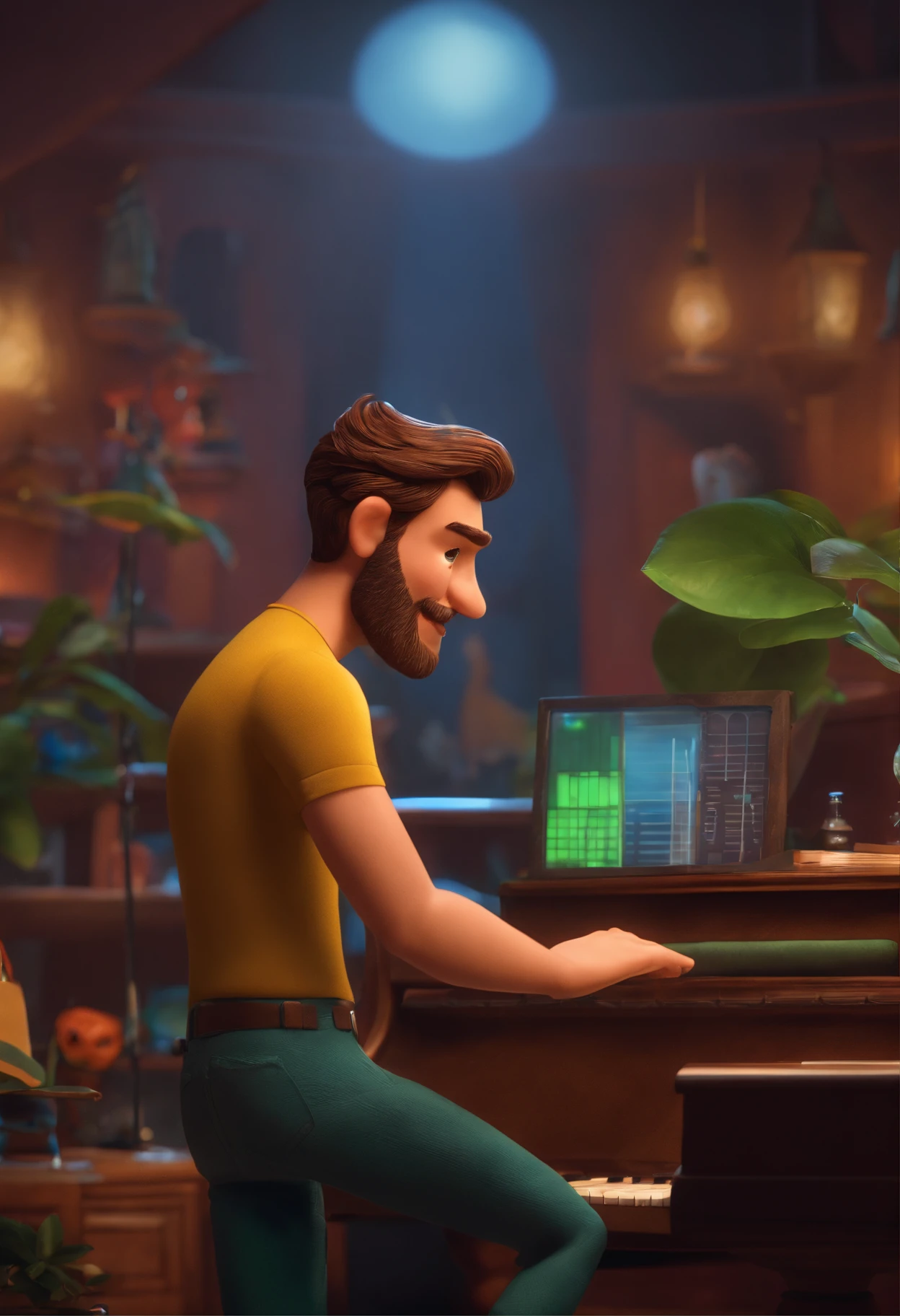 um homem, em breve, barba curta, olhos verdes, A music studio in the background, Imagem no estilo Pixar, Estilo de filme animado 3D, Disney, camiseta preta