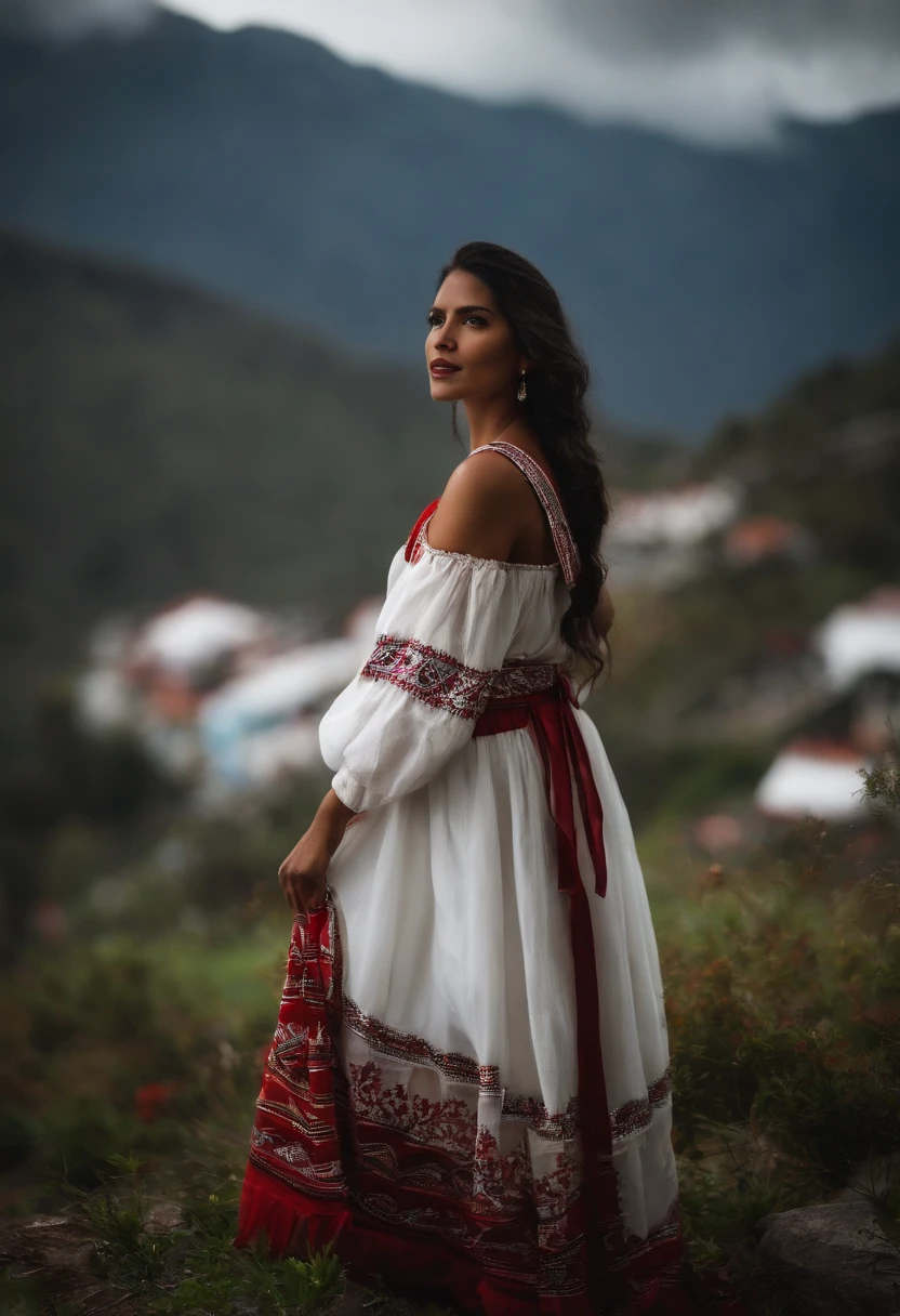 A rainy and foggy day at night, una mujer ecuatoriana de piel negra muy hermosa, en cuclillas, en medio de una plaza tradicional, She is in a model pose with her arms uncovered and in the background a snow-capped mountain can be seen, lleva un vestido tradicional indigena de Otavalo y su blusa es de color blanco y una falda larga de color azul luminoso, Your hair is wet and, alrededor tiene arreglos florales de geranios rojos
