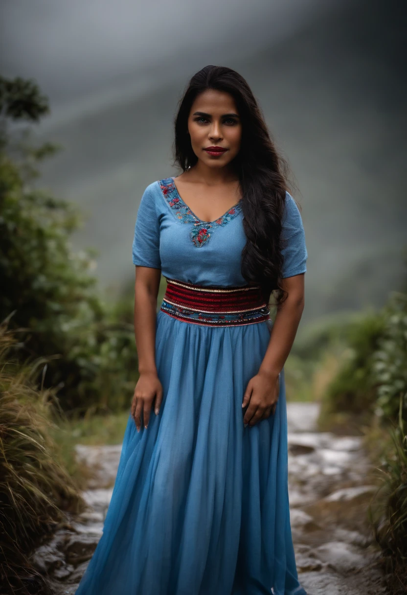 A rainy and foggy day at night, una mujer ecuatoriana de piel negra muy hermosa, en cuclillas, en medio de una plaza tradicional, She is in a model pose with her arms uncovered and in the background a snow-capped mountain can be seen, lleva un vestido tradicional indigena de Otavalo y su blusa es de color blanco y una falda larga de color azul luminoso, Your hair is wet and, alrededor tiene arreglos florales de geranios rojos