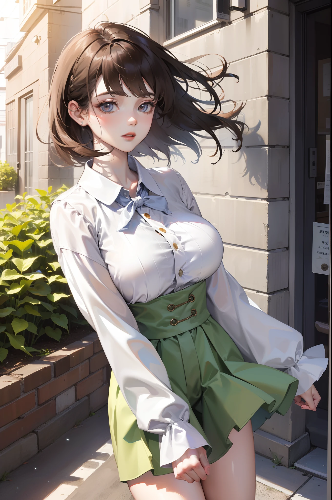 Top  Quality, 1girl, (Hollow skin), (large breast), (day), bright, blur background, outdoors, (Street:0.6), (hair:1.5), (Blouse:1.5), superb, (Hair flotation:1.5), soft light, wind, garden, Street