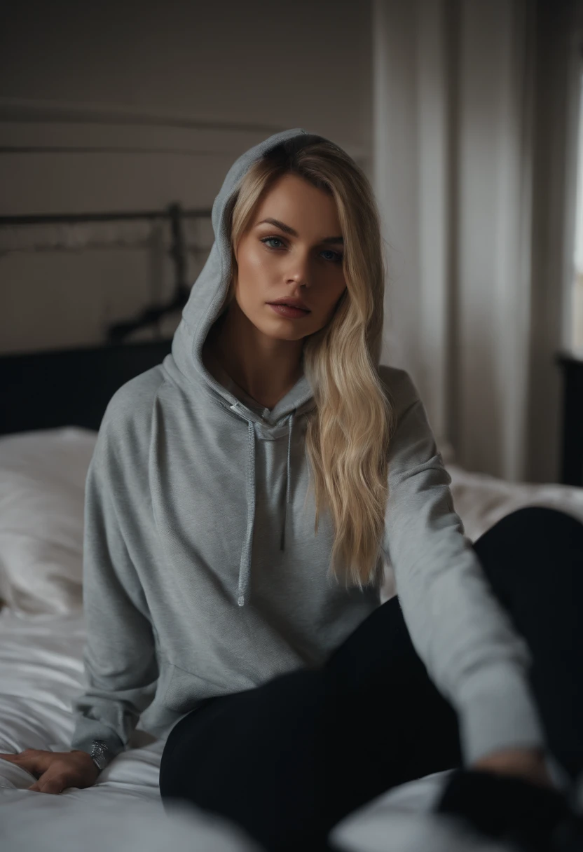 1 girl, blonde hair, streaks of hair in face, mascara, oversized hoodie, (midriff), hot pants, tights, laced tights, bags under eyes, sitting, on bed, ground angle shot, viewer looking down, chocker, raw photography, 8k, masterwork, posing seductively