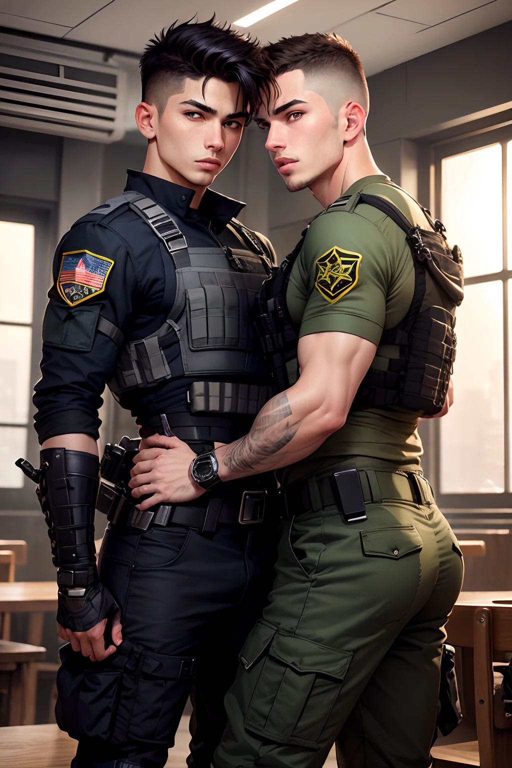Leyendecker style illustration of a blond Navy SEAL aged 22 with a long penis engages in masturbation and masturbation. He's wearing a Kevlar body armor, he has a big dick, a boner, an erection