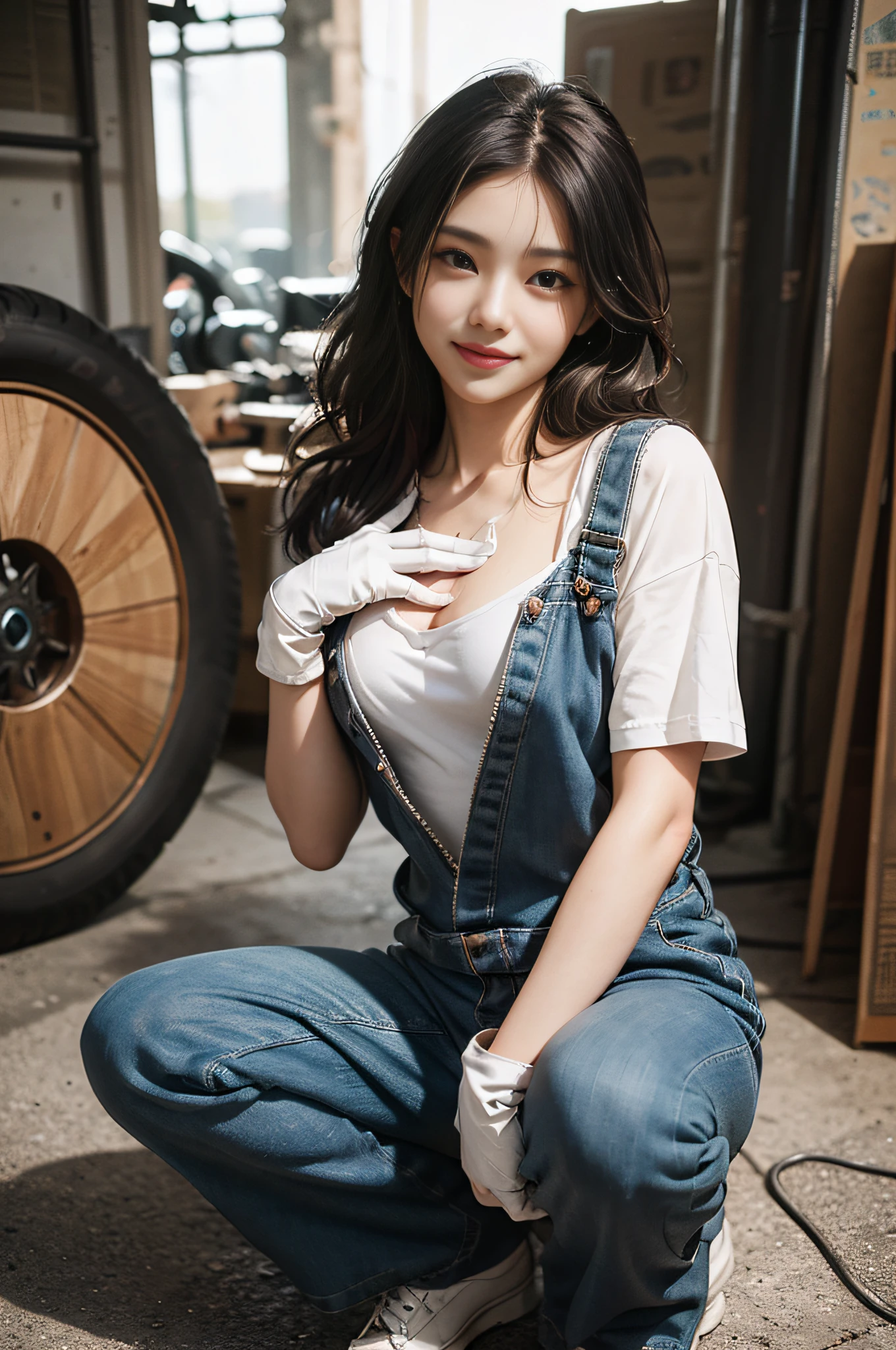 Top image quality、超A high resolution、masutepiece、Photoquality(photographrealistic:1.8)、pores、accuracy、realistic skin textures、(Fine hands)、(Skinny Legs)、Japan women、、Point your body at the camera、Frontal、Black-haired、Chignon、Girl with a cute smile、Slender girl、tiny chest、Wear work coveralls、Open your chest、The chest is visible、Wearing work gloves、Mechanic、Black oil stains on the face、Tire change、Shine a light into the eyes、