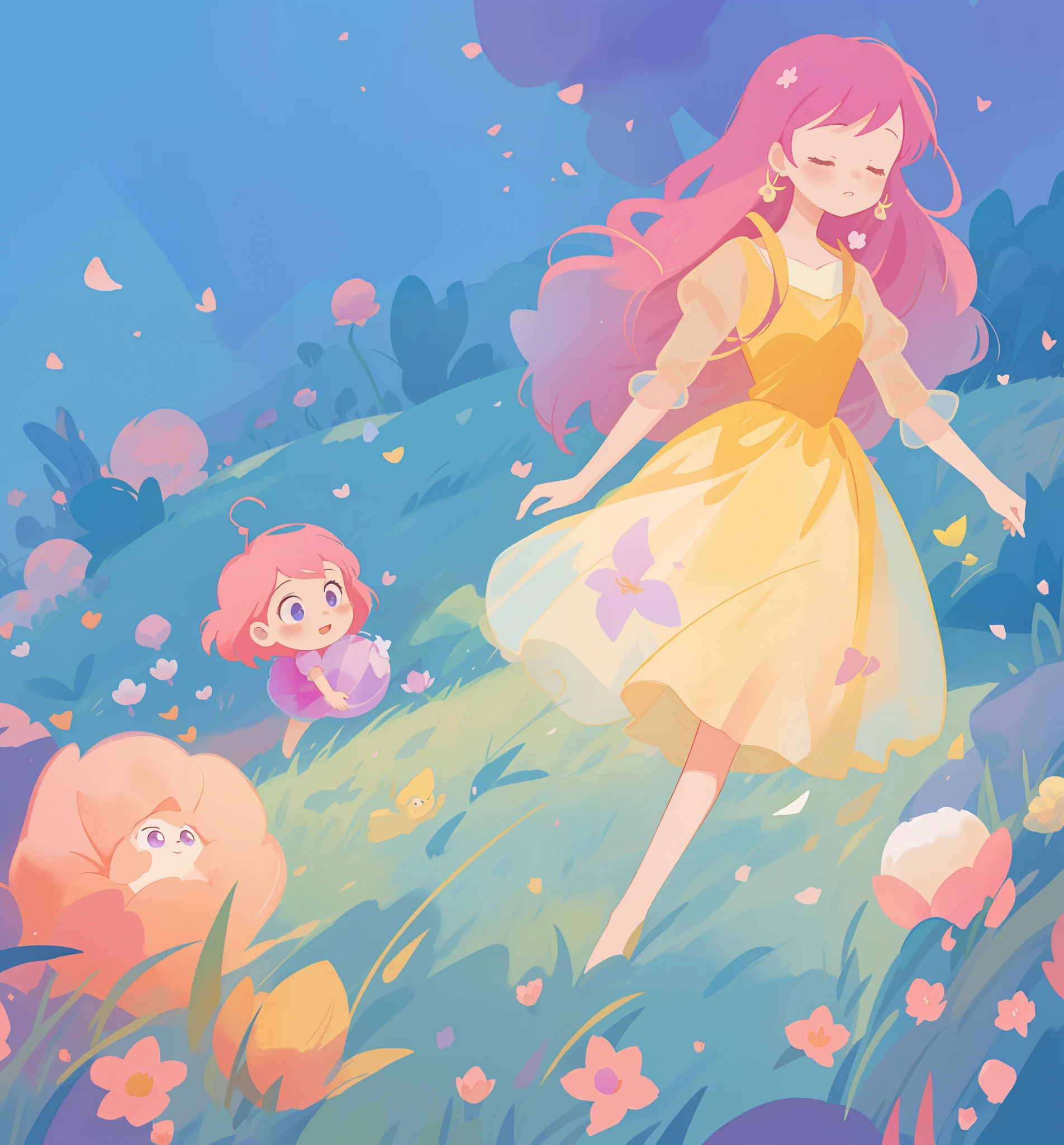 beautiful girl in puffy gradient ballgown, a field with round puffball pink flowers, otherworldly flowers, whimsical landscape, long pink flowing hair, watercolor illustration, inspired by Glen Keane, inspired by Lois van Baarle, disney art style, by Lois van Baarle, by Glen Keane, jen bartel, digital painting, beautiful digital illustration, fantasia otherworldly landscape plants flowers, beautiful, masterpiece, best quality, anime disney style