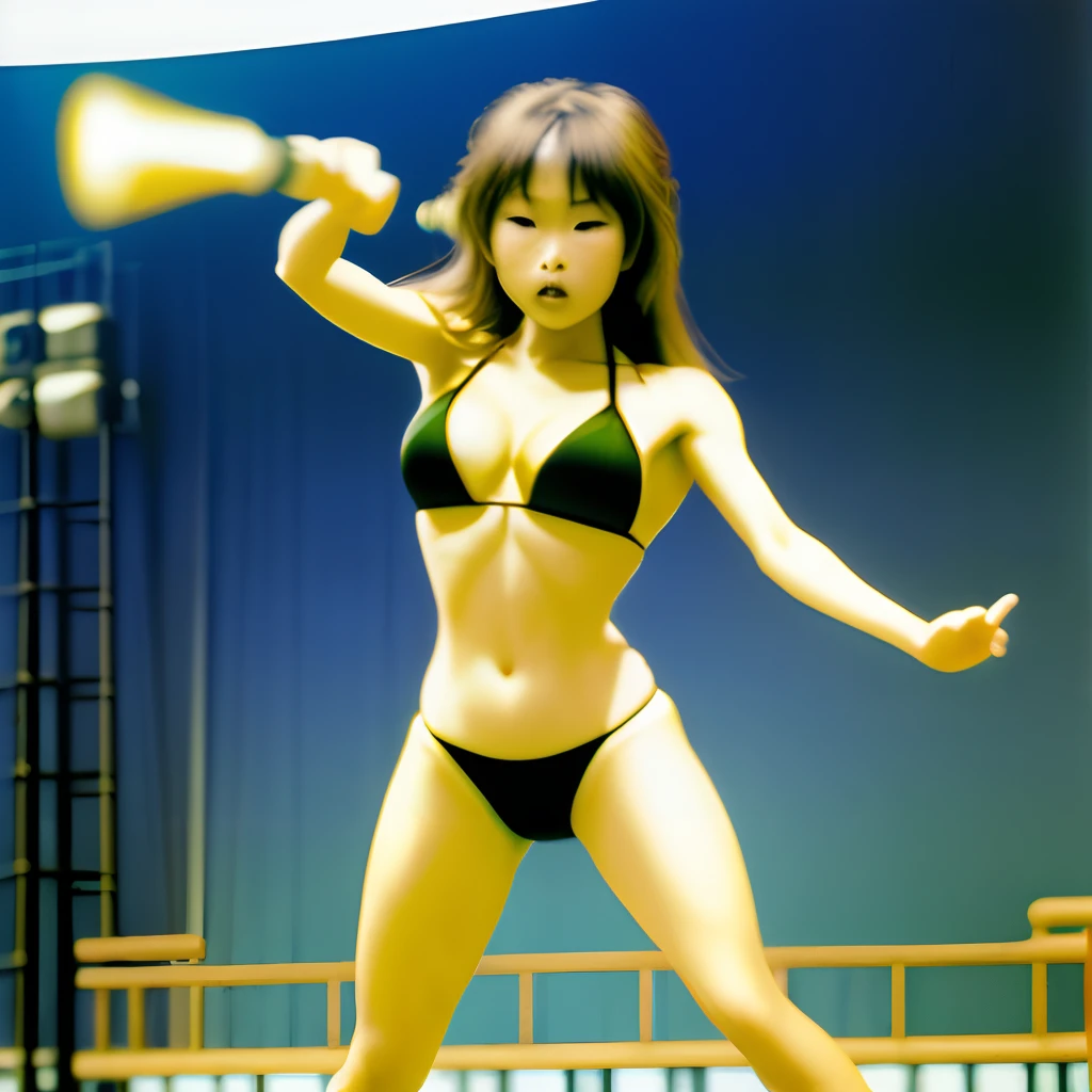 Realistic photograph of micro bikini oily dancer yoko Kaede, analog photograph, masterpiece, onstage, stop action,