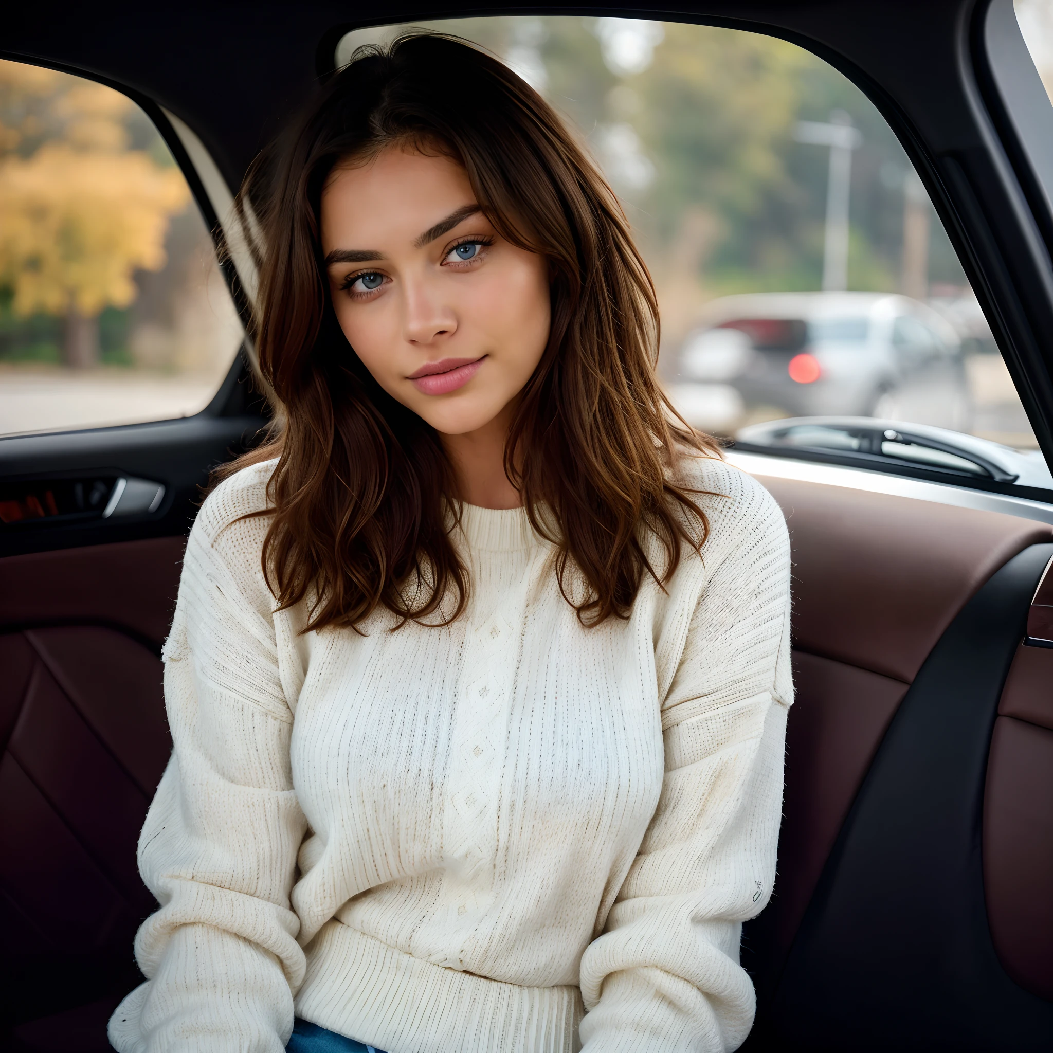 beautiful brunette wearing white wooly sweater (inside a car), passenger looking at driver, very detailed, god rays, 21 years old, innocent face, natural wavy hair, blue eyes, high resolution, masterpiece, best quality, intricate details, highly detailed, sharp focus, detailed skin, realistic skin texture, texture, detailed eyes, professional, 4k, charming smile, shot on Canon, 85mm, shallow depth of field, kodak vision color, perfect fit body, extremely detailed, foto_\(ultra\), photorealistic, realistic, post-processing, maximum detail, roughness, real life, ultra realistic, photorealism, photography, 8k uhd, photography