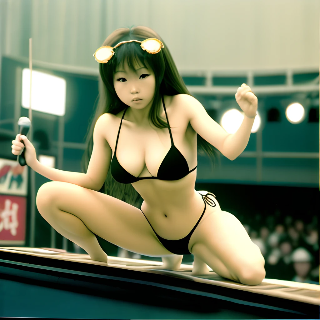 Realistic photograph of micro bikini oily dancer yoko Kaede, analog photograph, masterpiece, onstage, stop action,