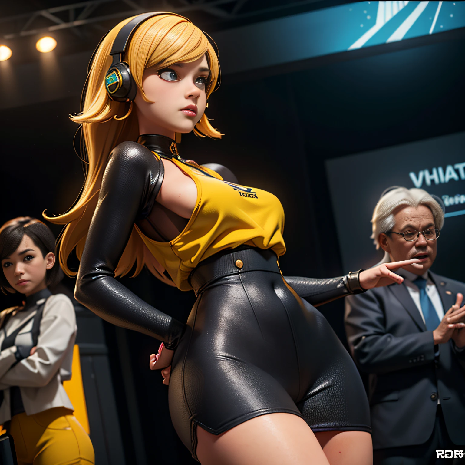 Positive: ((best qualtiy)), ((masterpiece)), (the detail:1.4), 3D, highres, Nassida,(HighDynamicRange),Ray traching,NVIDIA RTX,Super-Resolution, Unreal 5,Subsurface scattering、PBR Texture、post-proces、Anisotropy Filtering、depth of fields、 pigeoncore, elaborate costumes, neo-dadaist, ultra-realistic, highly detailed, cinematic, 4k, maximum definition and sharpness、Many-Layer Textures、Albedo e mapas Speculares、Surface Coloring、Accurate simulation of light-material interactions、perfectly proportions、Octane Render、Two-colored light、largeaperture、Low ISO、White balance、the rule of thirds、8K RAW、solo, blonde hair, a female character is wearing a yellow and black colored outfit with a backpack and a yellow vest, dark black and yellow, sports leisure, blue eyes, long hair, hoop earrings, headphones, chunky cuban link jewelry, medium breasts, outdoor conference, mechanized precision, in the style of mecha, sci-fi, anime, detailed background, metropolis, Negative:lowres, bad anatomy, ((bad hands)), text, error, ((missing fingers)), cropped, jpeg artifacts, worst quality, low quality, signature, watermark, blurry, deformed, extra ears, deformed, disfigured, mutation, censored, ((multiple_girls))