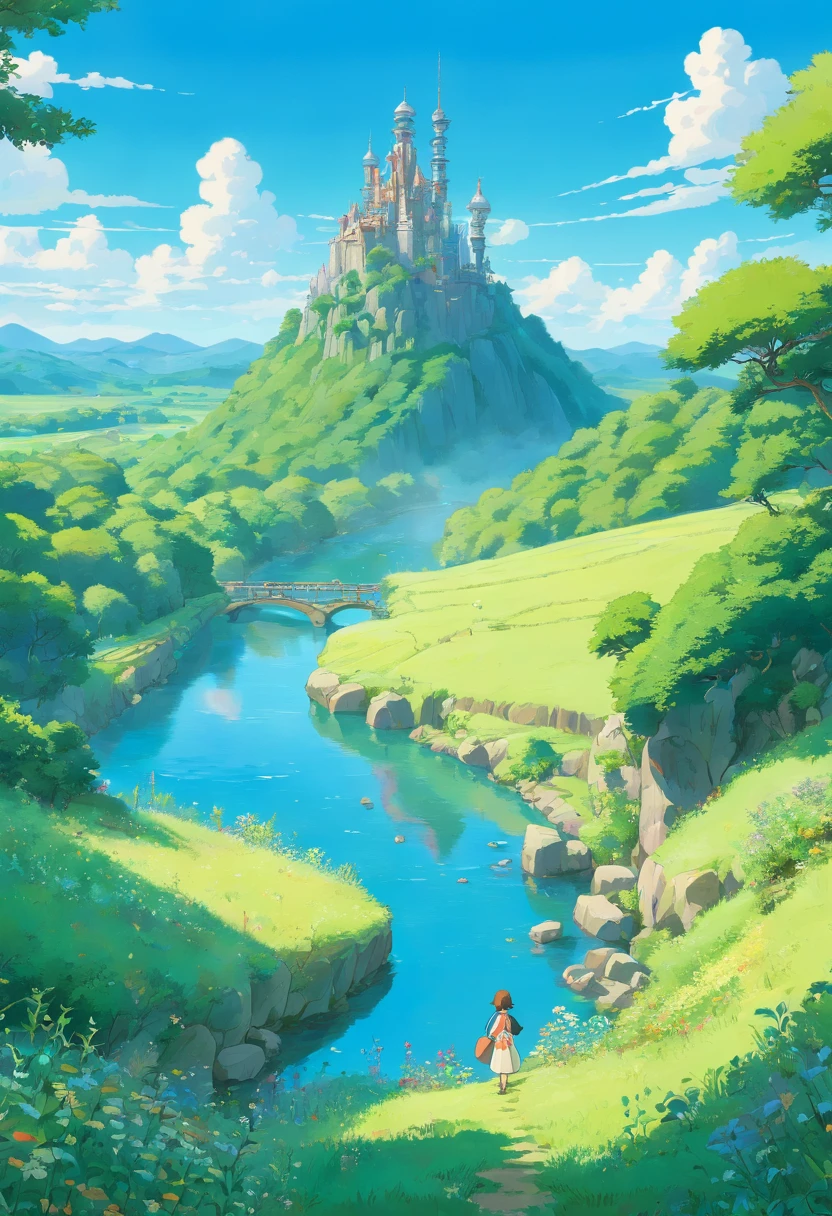 Meadow scenery,There is a river inside, Blue sky, Heights, anime,heal