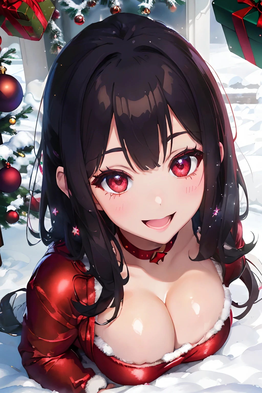 Christmas,Snowy landscape in winter,beautiful ilumination,Santa Claus in a voluminous luxurious dress,A dark-haired,Eyes dark purple,There are a lot of ornaments and gifts around,Happy smile,- A happy expression with drooling that reveals her cleavage,red tide,Apply the white liquid to the face and body,