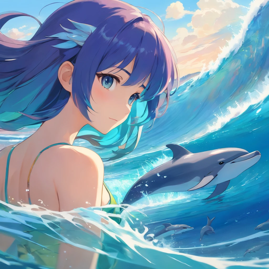 uma pintura de umamukher com um espelho prateado, A large body of water, the goddess of the sea Iemanjá, vestido fluido e exuberante, cavalos marinhos na volta, There is presence of two dolphins swimming in the waters