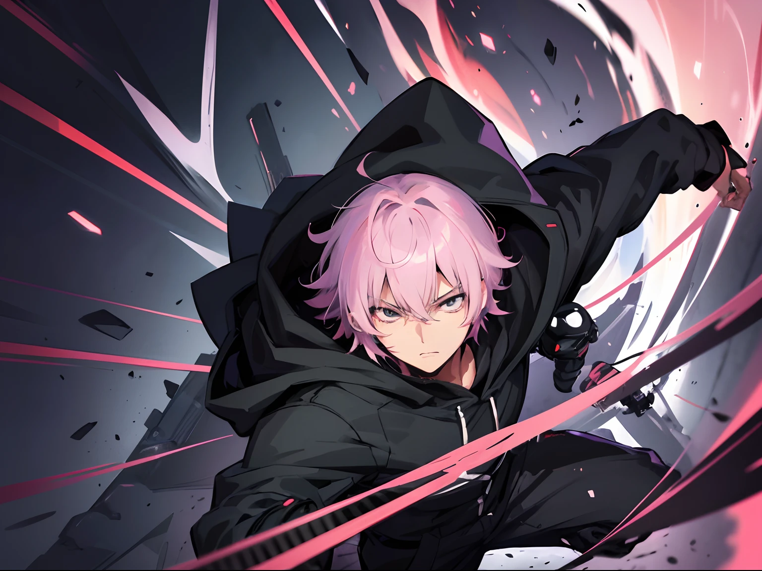 1 anime guy in a Black Hoodie stealth suit and Mask, anime handsome man, anime boy, male anime character, handsome anime pose, male anime style, tall anime guy with grey eyes, anime portrait of a handsome man, he has light pink hairs, as hair color, with medium hairs and different hairstyle