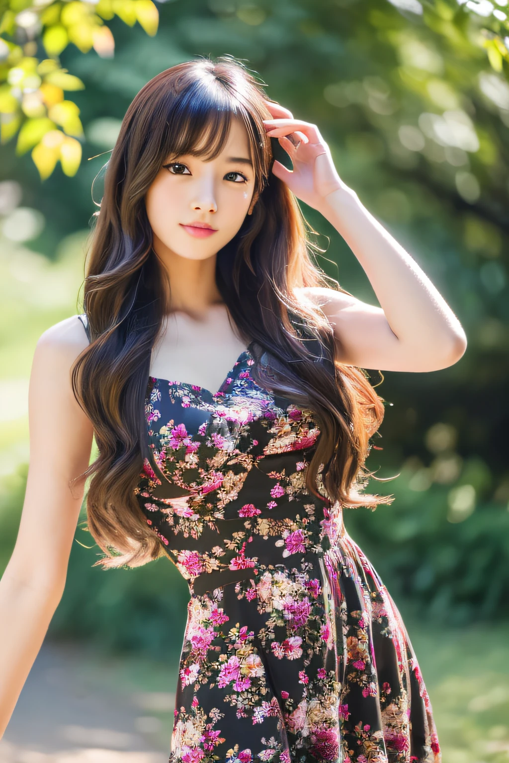 ((Best Quality, 8K, masutepiece: 1.3)), 1girl in, Slender beauty: 1.3, (Long hair: 1.2), Floral dress, Long legs: 1.1, Super fine face, Fine eyes, Double eyelids, plein air,A sexy