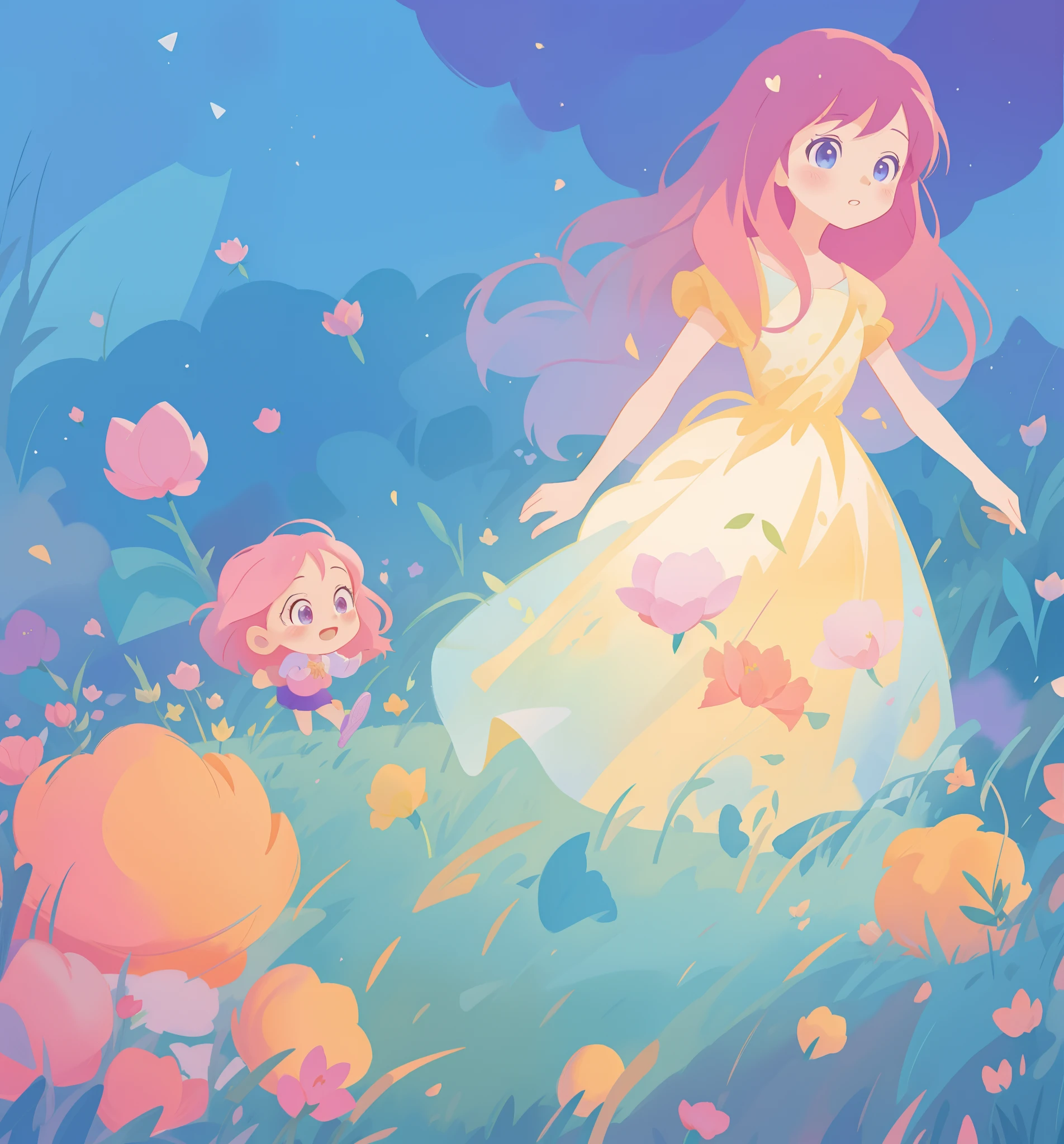 beautiful girl in puffy gradient ballgown, a field with round puffball pink flowers, otherworldly flowers, whimsical landscape, long pink flowing hair, watercolor illustration, inspired by Glen Keane, inspired by Lois van Baarle, disney art style, by Lois van Baarle, by Glen Keane, jen bartel, digital painting, beautiful digital illustration, fantasia otherworldly landscape plants flowers, beautiful, masterpiece, best quality, anime disney style