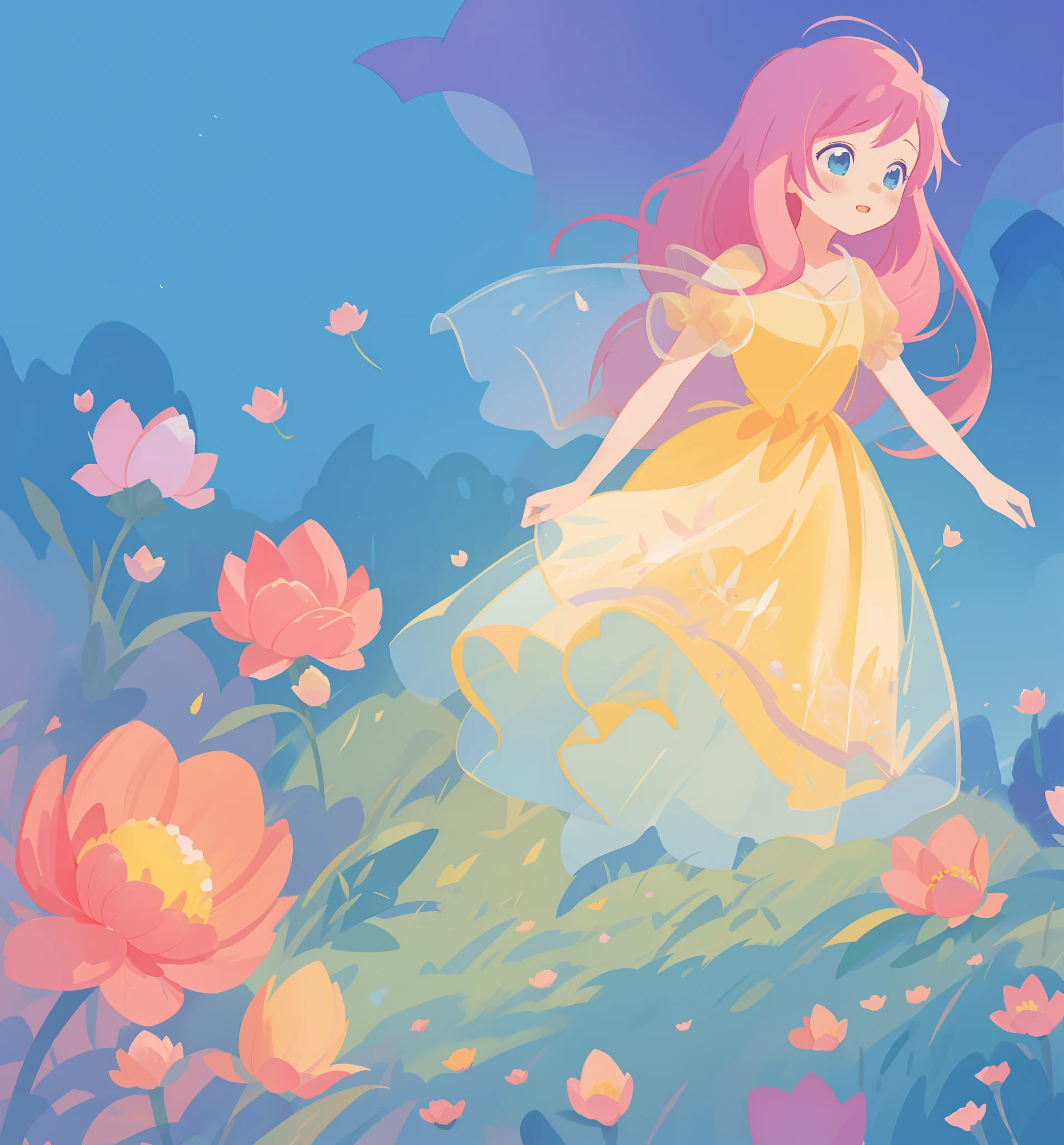 beautiful girl in puffy gradient ballgown, a field with round puffball pink flowers, otherworldly flowers, whimsical landscape, long pink flowing hair, watercolor illustration, inspired by Glen Keane, inspired by Lois van Baarle, disney art style, by Lois van Baarle, by Glen Keane, jen bartel, digital painting, beautiful digital illustration, fantasia otherworldly landscape plants flowers, beautiful, masterpiece, best quality, anime disney style