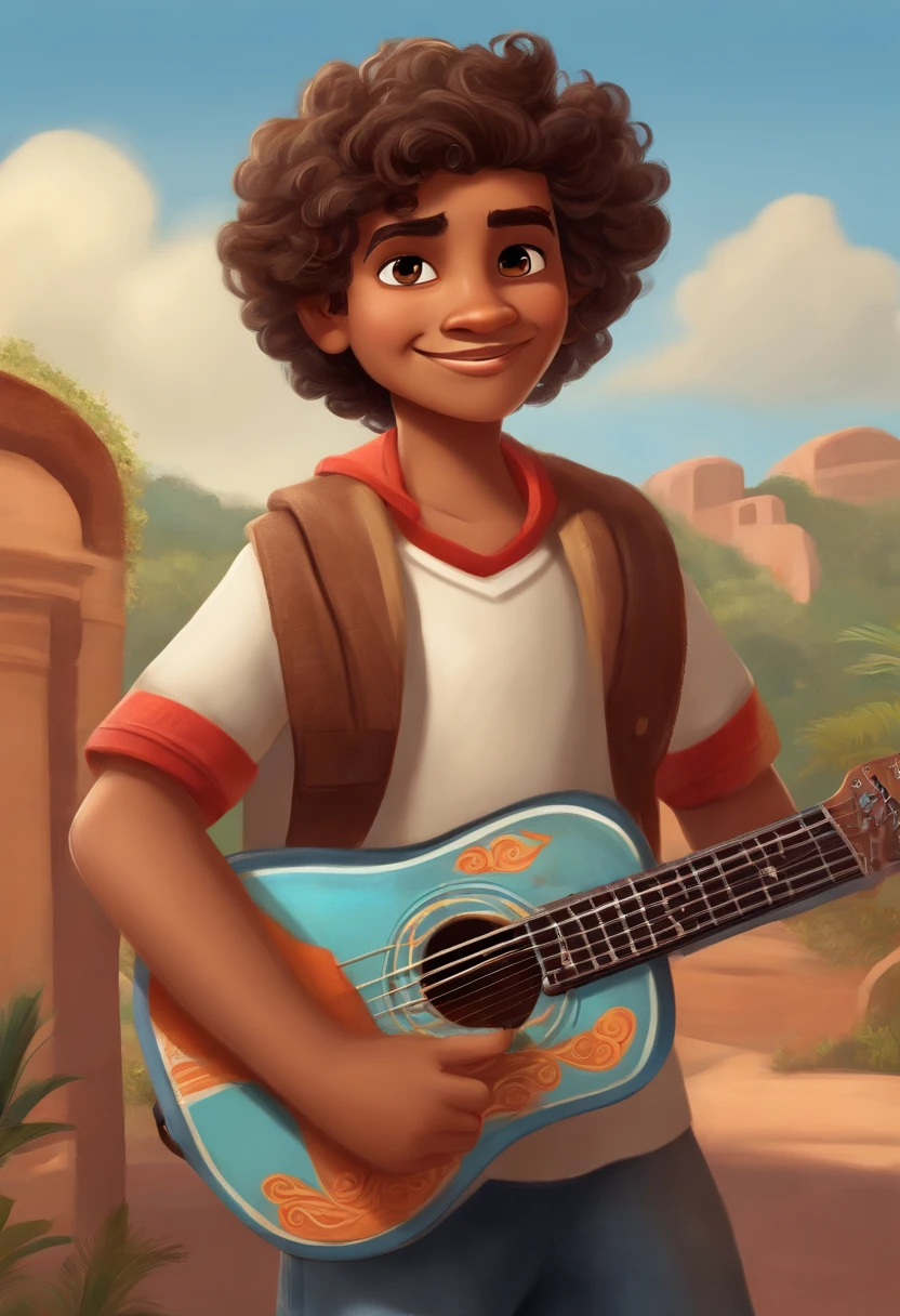 crie um banner no estilo Pixar. A boy with Indian features, moreno pardo com cabelos curtos, Castanhos escuros, Curly and slightly grayish appearance, mas jovem, usando uma camiseta, Wearing jeans and holding a classical guitar with 7 strings.