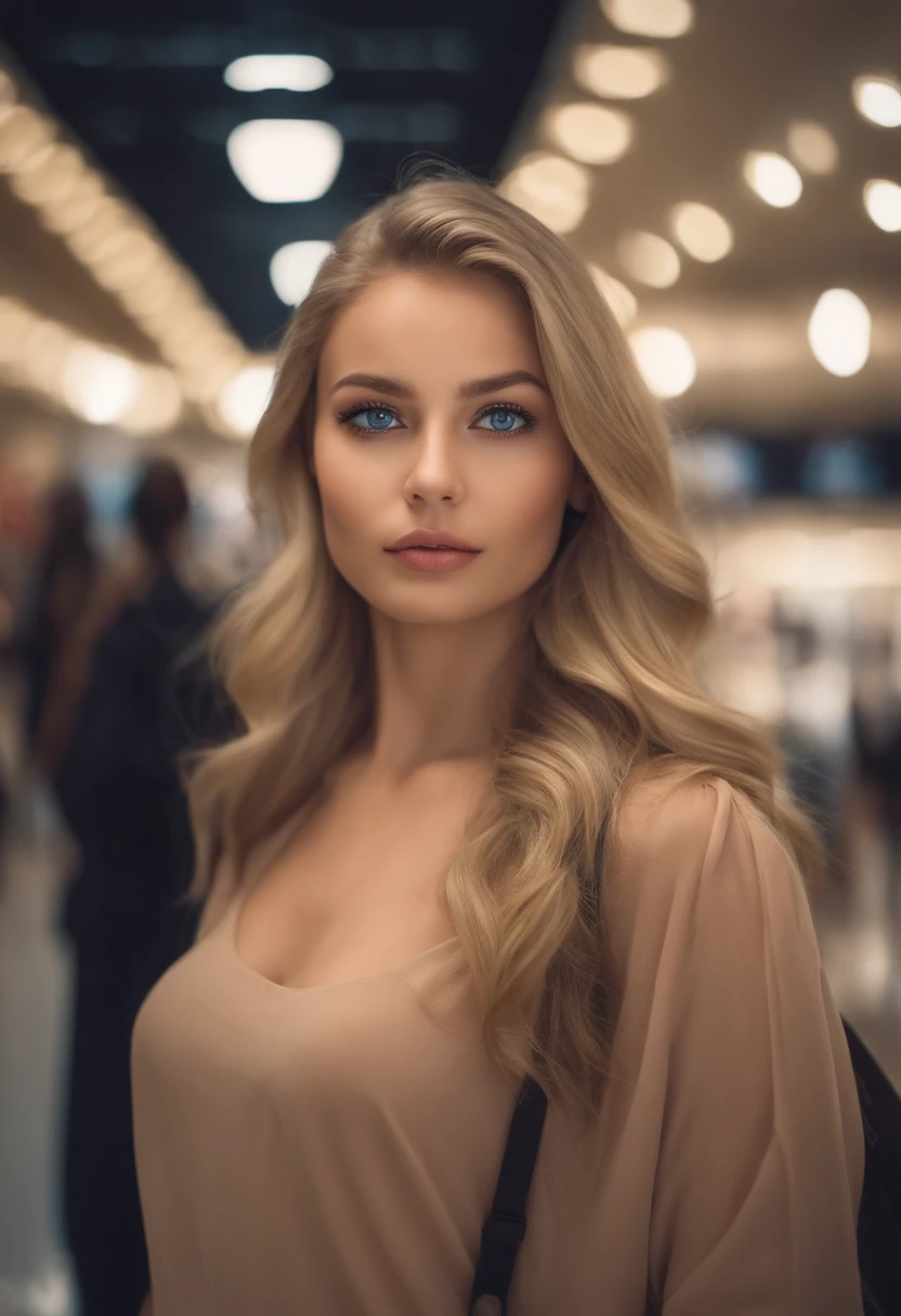 arafed woman at the mall fully , sexy girl with blue eyes, ultra realistic, meticulously detailed, portrait sophie mudd, blonde hair and large eyes, selfie of a young woman, eyes, violet myers, without makeup, natural makeup, looking directly at the camera, face with artgram, subtle makeup, stunning full body shot at the mall, medium to large size bust