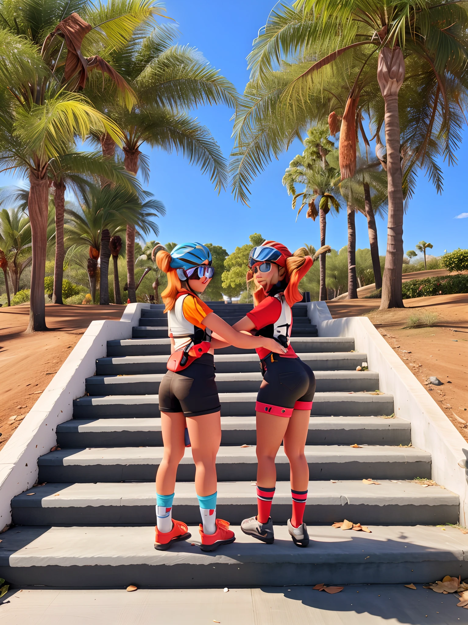 Two women standing on a set of stairs with short cycling overalls, capacete de ciclismo, cycling goggles, com meias coloridas
