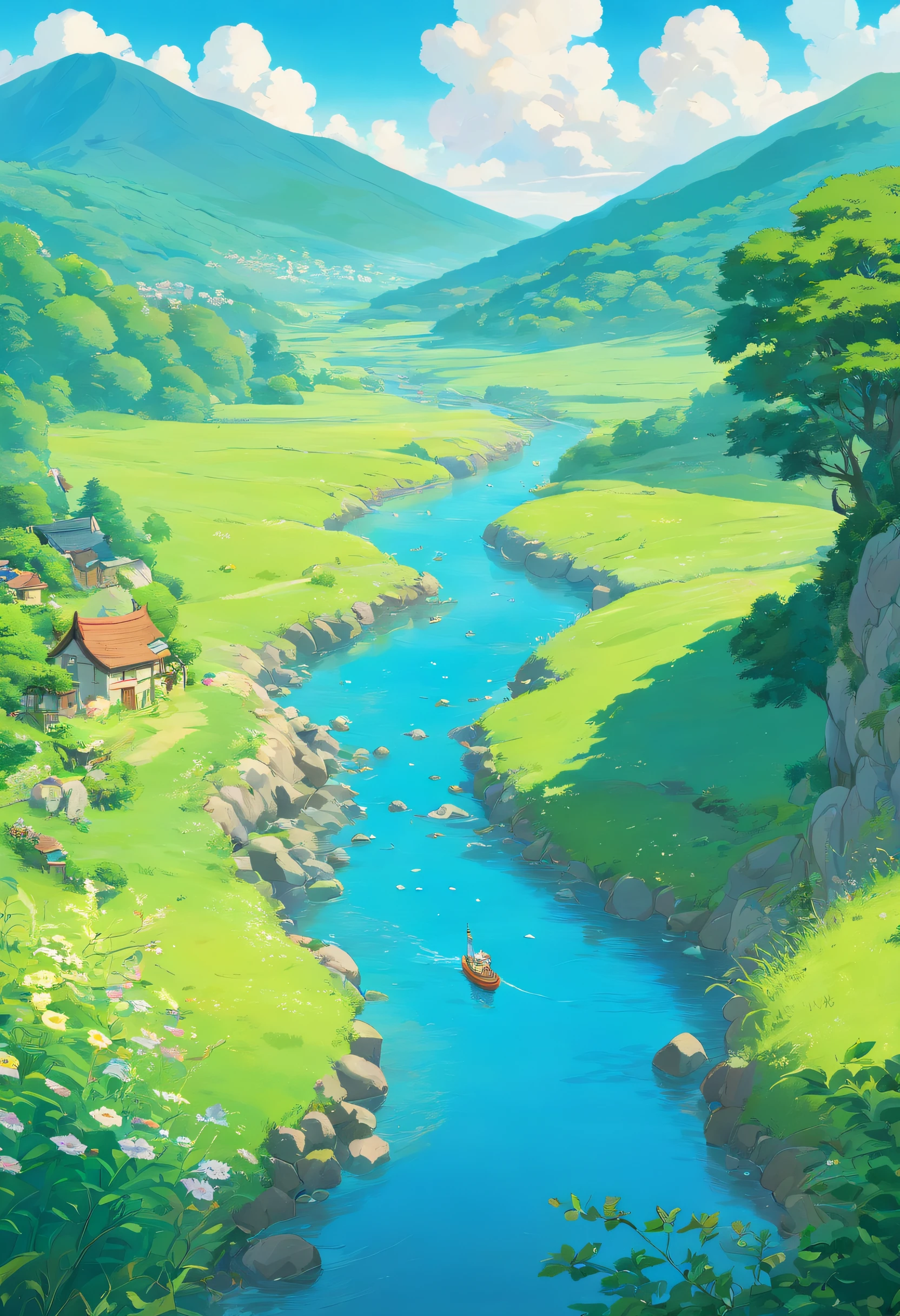 Meadow scenery,There is a river inside, Blue sky, Heights, anime,heal
