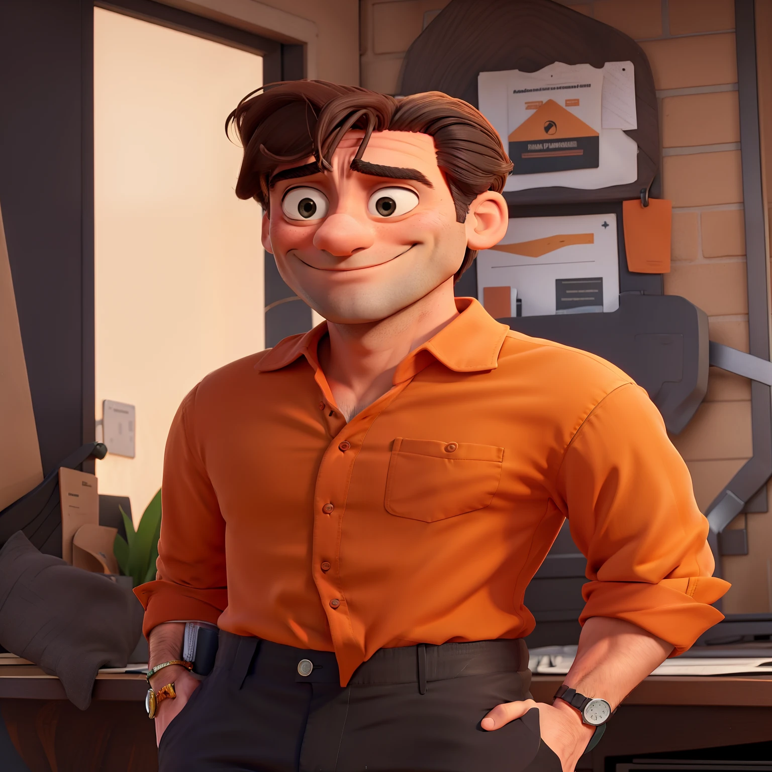 Jon Hamm dressed in an orange shirt and black pants, sorrindo e apontando para o lado com o dedo indicador