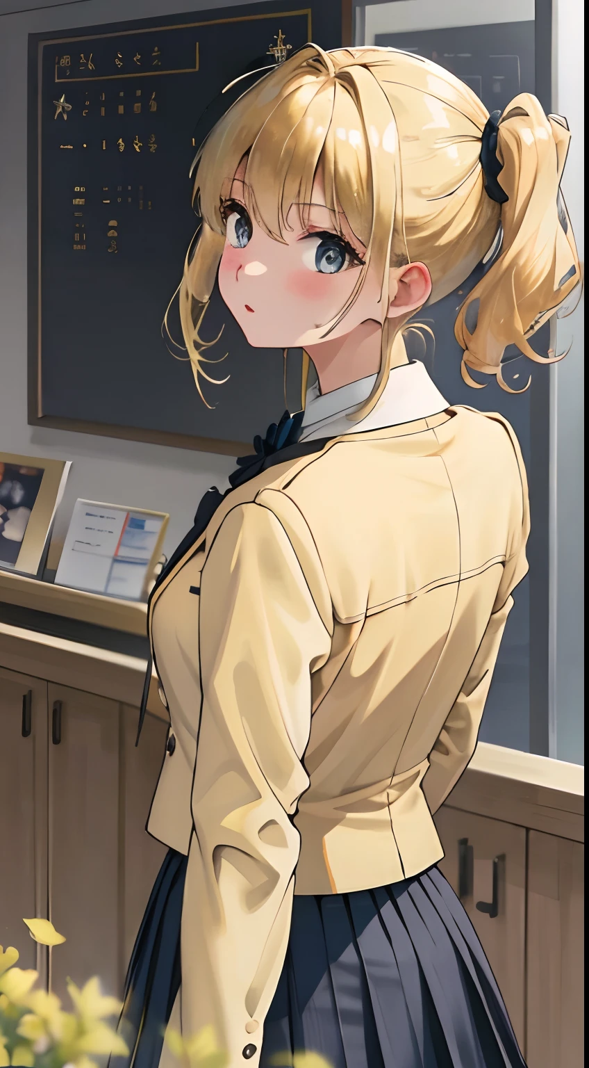 Best quality at best，detailed back ground，Girl，blond girl, JK school uniform，Mid-range bust scene