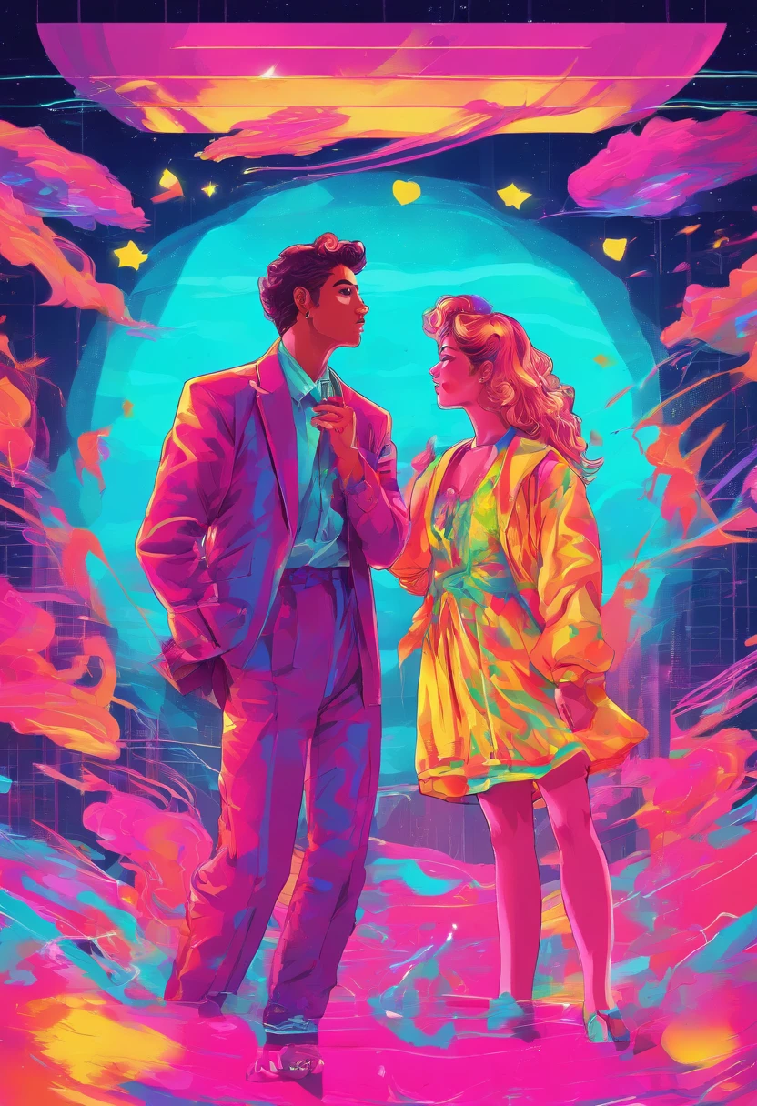 A poster of a man and woman standing in front of a neon sky - SeaArt AI