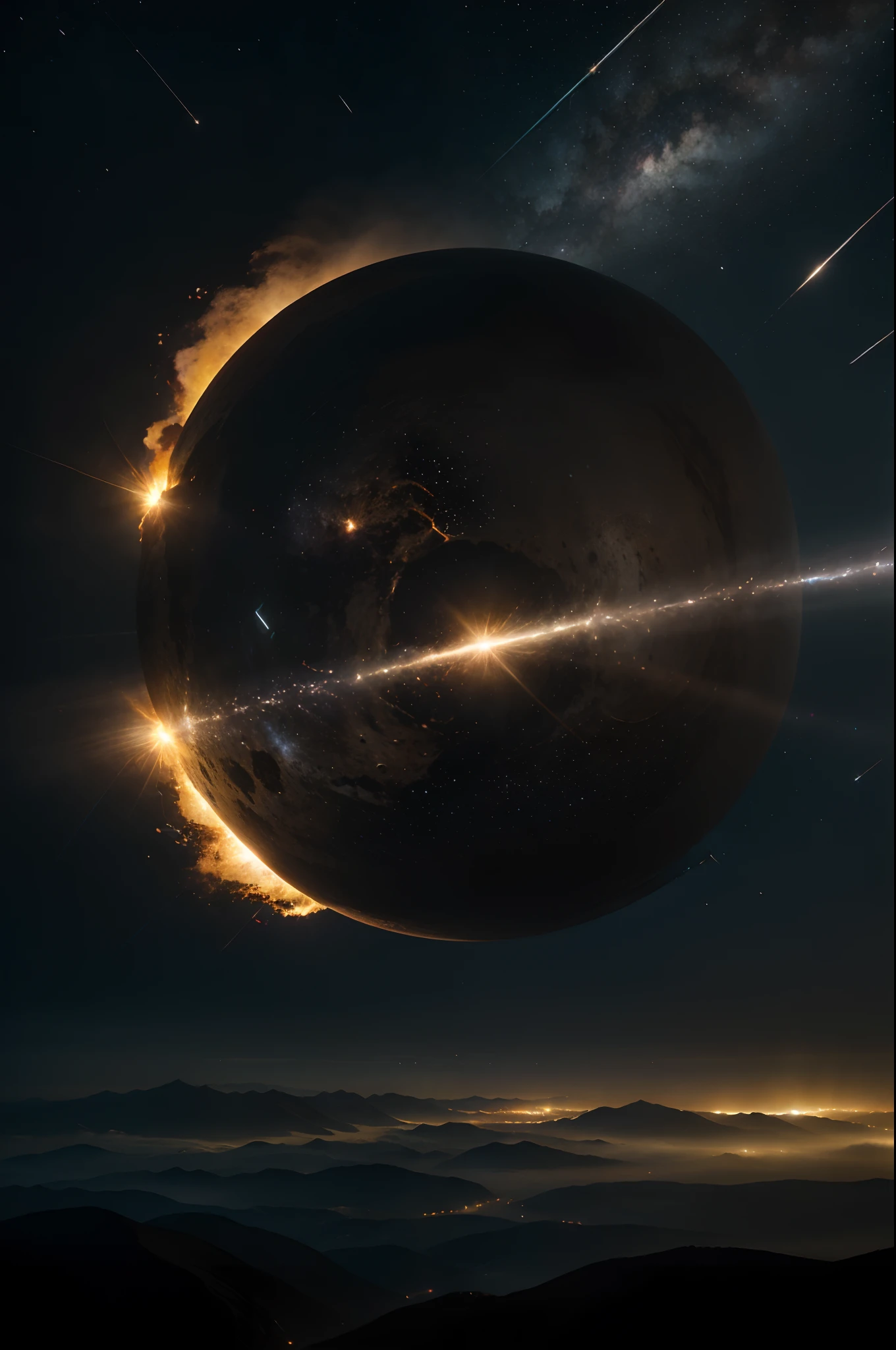 (best quality,4k,8k,highres,masterpiece:1.2),ultra-detailed,(realistic,photorealistic,photo-realistic:1.37),oil painting,meteor,stars,night sky,falling,impact,explosion,debris,shooting star,sparkles,dramatic,awe-inspiring,fiery,tail of meteor,glowing,cosmic,celestial event,spectacular,atmospheric,extraterrestrial,world-changing,space phenomenon,unforgettable,immersive,mesmerizing,otherworldly,huge force,dynamic,fast-moving,blazing speed,unstoppable,grand,violent energy,scattering light,vivid colors,beautiful contrast,breathtaking composition,grandeur,calmness in chaos,darkness,illumination,luminosity,strong shadows