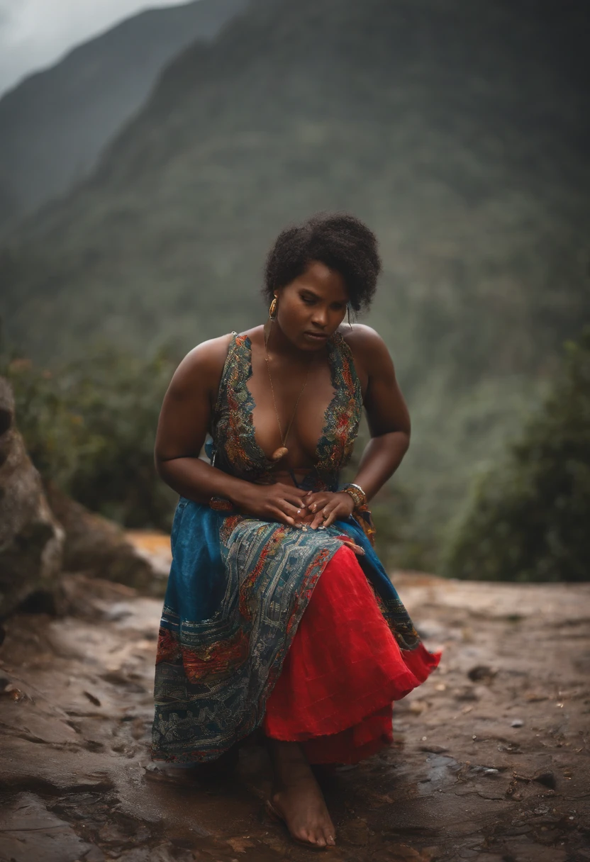 One day with rain and fog at night, a very beautiful black-skinned Ecuadorian woman, squatting, in the middle of a traditional plaza, she is in a model pose with her arms bare and in the background you can see a snowy mountain, she is wearing a dress. traditional indigenous woman from Otavalo and her blouse is white and a long skirt of bright blue, her hair is wet and she has floral arrangements of red geraniums around her