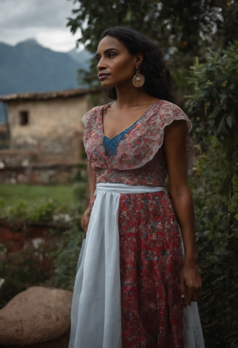 One day with rain and fog at night, a very beautiful black-skinned Ecuadorian woman, squatting, in the middle of a traditional plaza, she is in a model pose with her arms bare and in the background you can see a snowy mountain, she is wearing a dress. traditional indigenous woman from Otavalo and her blouse is white and a long skirt of bright blue, her hair is wet and she has floral arrangements of red geraniums around her