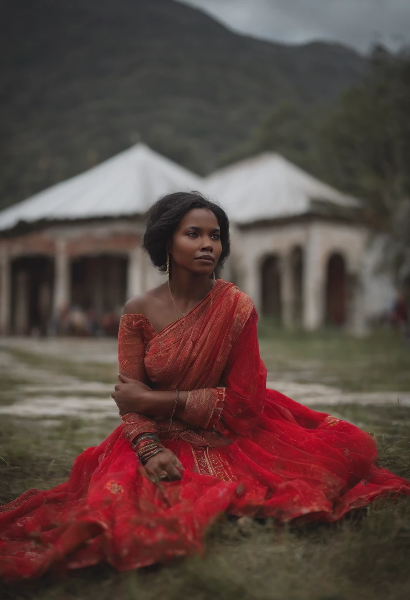 One day with rain and fog at night, a very beautiful black-skinned Ecuadorian woman, squatting, in the middle of a traditional plaza, she is in a model pose with her arms bare and in the background you can see a snowy mountain, she is wearing a dress. traditional indigenous woman from Otavalo and her blouse is white and a long skirt of bright blue, her hair is wet and she has floral arrangements of red geraniums around her