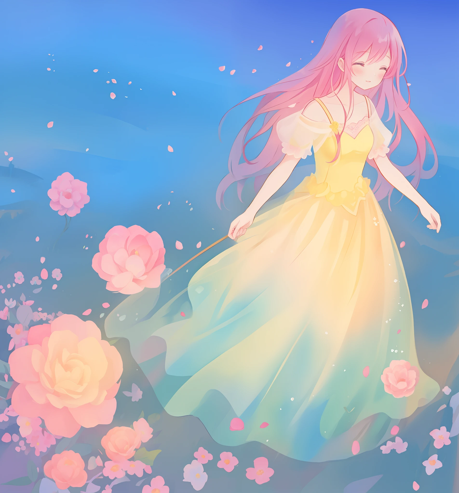 beautiful girl in puffy gradient ballgown, a field with round puffball pink flowers, otherworldly flowers, whimsical landscape, long pink flowing hair, watercolor illustration, inspired by Glen Keane, inspired by Lois van Baarle, disney art style, by Lois van Baarle, by Glen Keane, jen bartel, digital painting, beautiful digital illustration, fantasia otherworldly landscape plants flowers, beautiful, masterpiece, best quality, anime disney style