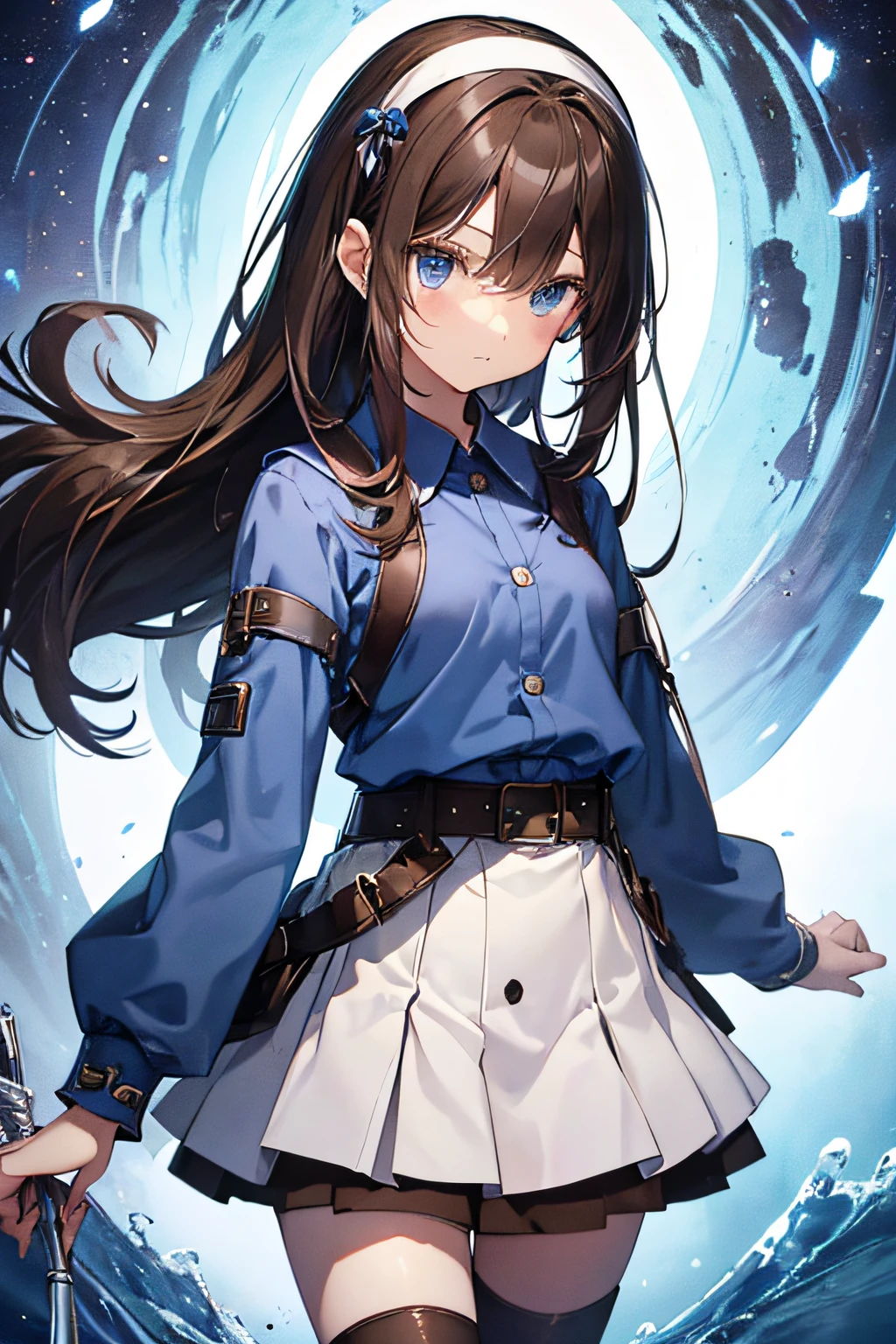 top-quality、extremely delicate and beautiful、teens girl、、(dark brown hair)、Blue clothes with vertical buttons、Belt at waist、White skirt、(poneyTail))、(white hairband)、(Brown boots)、blue eyess、is standing、Expression of hatred、Facing the front
