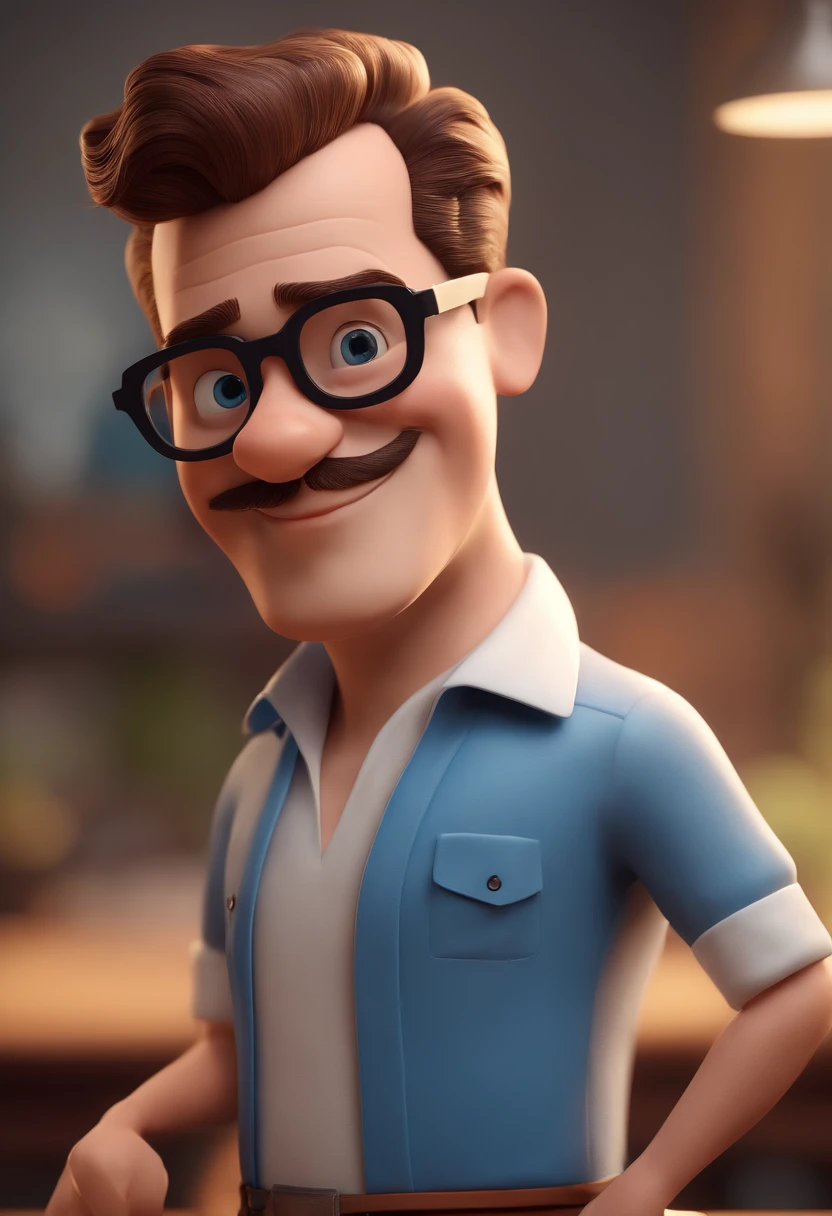 Cartoon character of a man with black glasses and a blue shirt, animation character, Caractere estilizado, animation style rendering, 3D estilizado, Arnold Maya render, 3 d render stylized, toon render keyshot, Personagem 3D, Personagem 3D, 3d rendering stylized, 3 d character render, personagem de desenho animado, Personagem de close up, Pose de personagem, (Estilo Pixar) (master part:1.2) (Bokeh) (best quality) (pele detalhada) (textura detalhada) (8k) (argila) (Cinematic lighting) (foco nítido