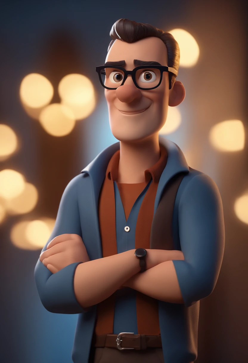 Cartoon character of a man with black glasses and a blue shirt, animation character, Caractere estilizado, animation style rendering, 3D estilizado, Arnold Maya render, 3 d render stylized, toon render keyshot, Personagem 3D, Personagem 3D, 3d rendering stylized, 3 d character render, personagem de desenho animado, Personagem de close up, Pose de personagem, (Estilo Pixar) (master part:1.2) (Bokeh) (best quality) (pele detalhada) (textura detalhada) (8k) (argila) (Cinematic lighting) (foco nítido