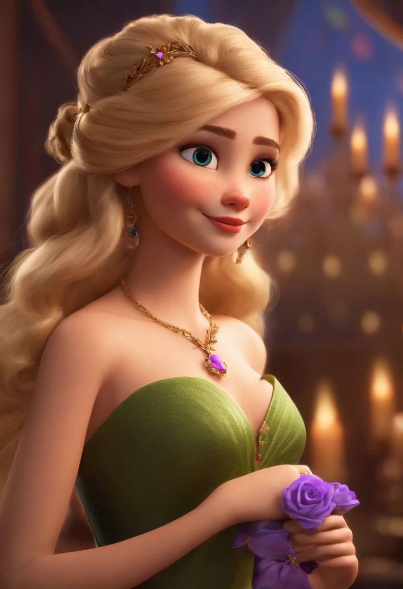 com vestido florido, Medium blonde hair like Pixar Disney cartoon