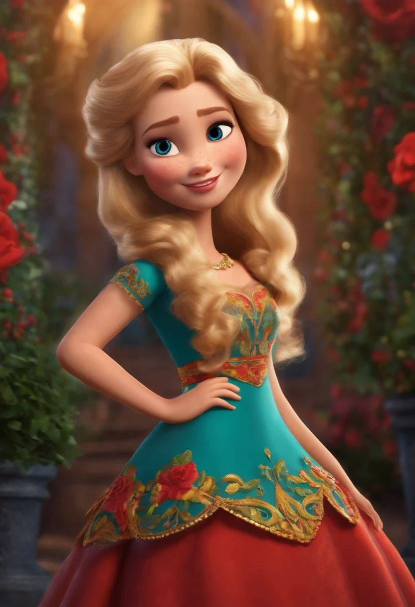 menina com vestido florido, Medium blonde hair like Pixar Disney cartoon