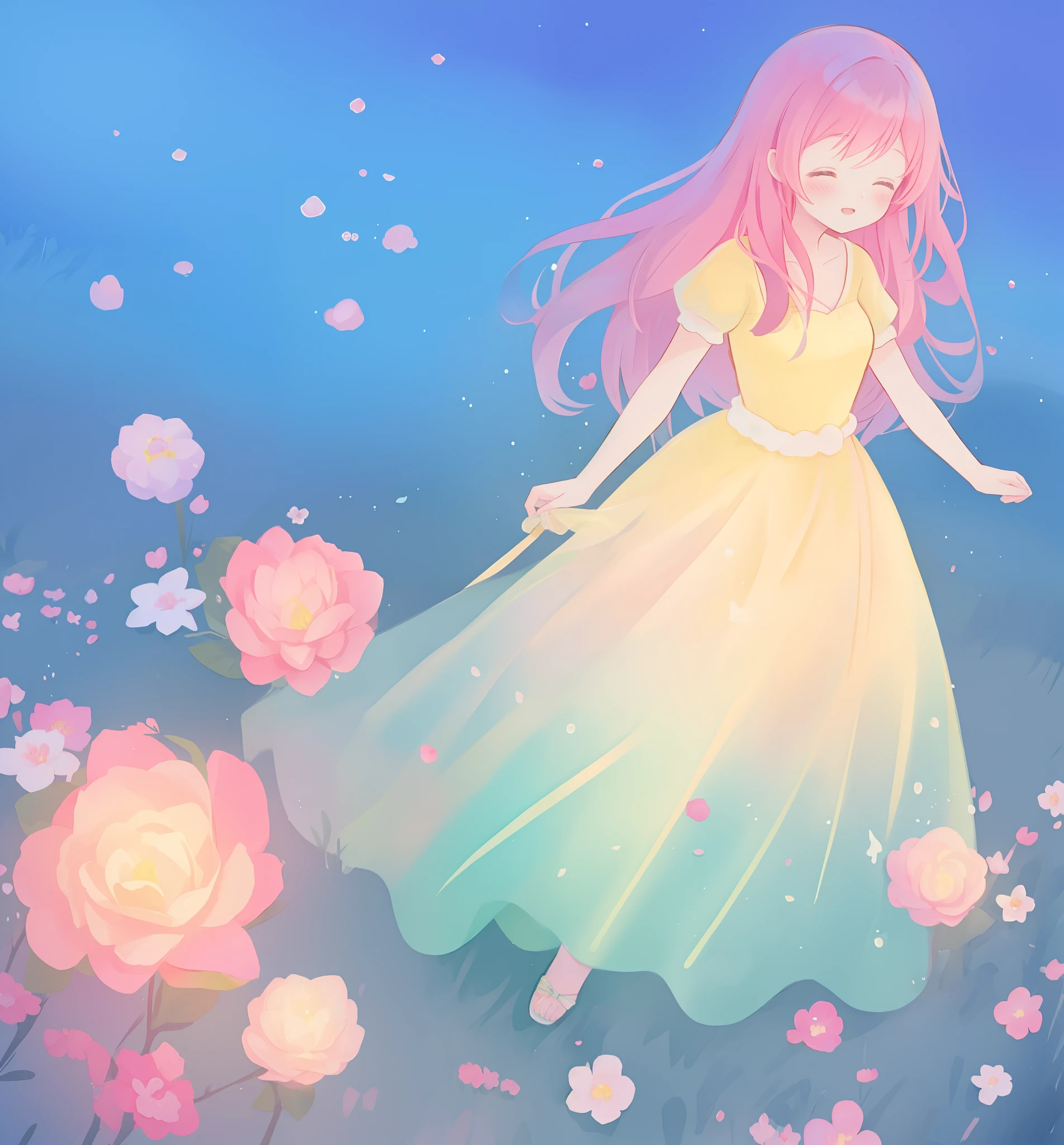 beautiful girl in puffy gradient ballgown, a field with round puffball pink flowers, otherworldly flowers, whimsical landscape, long pink flowing hair, watercolor illustration, inspired by Glen Keane, inspired by Lois van Baarle, disney art style, by Lois van Baarle, by Glen Keane, jen bartel, digital painting, beautiful digital illustration, fantasia otherworldly landscape plants flowers, beautiful, masterpiece, best quality, anime disney style